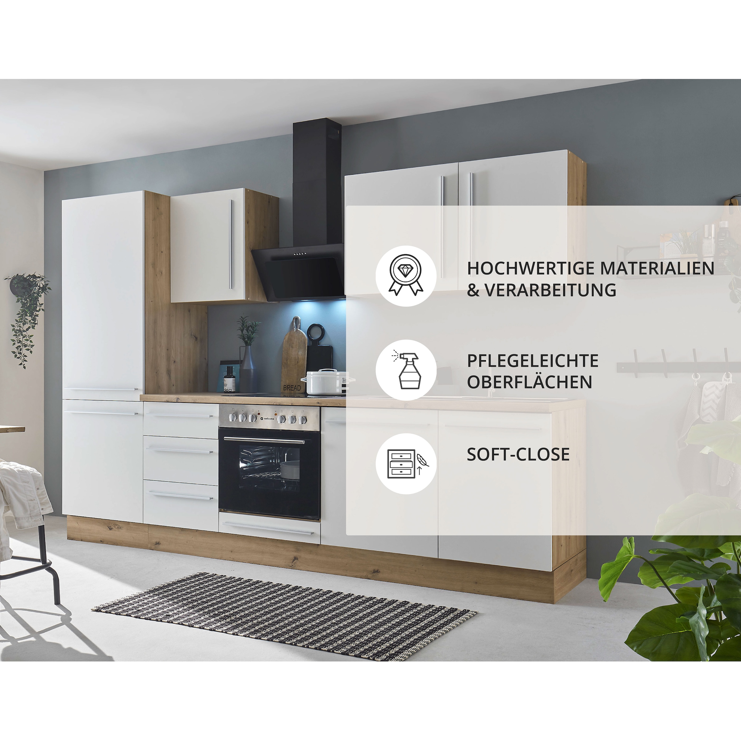 KOCHSTATION Küchenzeile »KS-Florida mit 38mm starker Arbeitsplatte«, Breite 280 cm, wahlweise mit E-Geräten, Soft-Close-Funktion