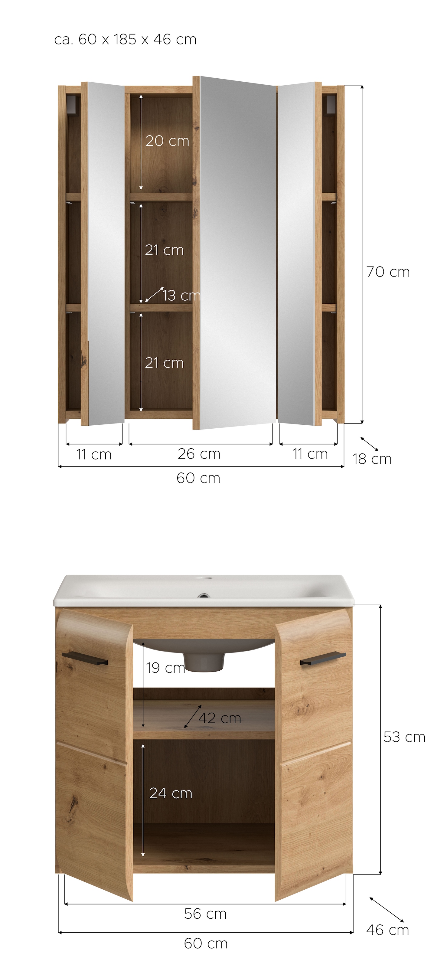 INOSIGN Badezimmer-Set, (Set, 3 St.), Florenz, Badkombination 3-tlg., Artisan Oak NB, inkl. Waschbecken