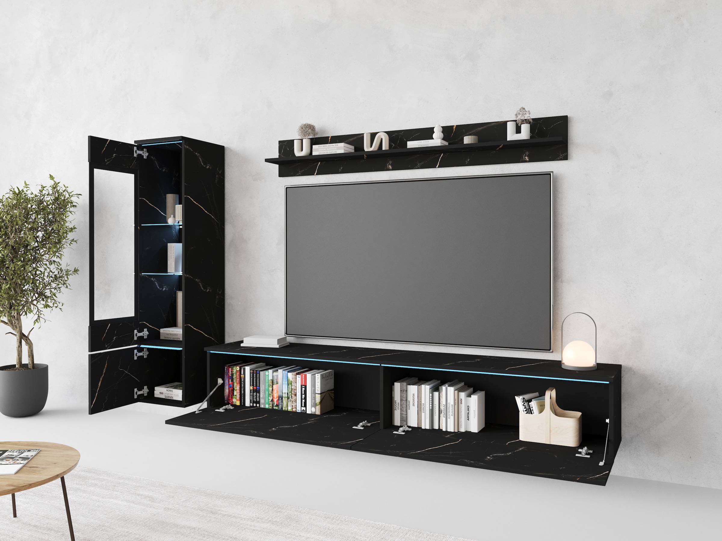 INOSIGN Wohnwand »VERA I, Vitrinen Türanschlag links/rechts wechselbar«, (Komplett-Set, 3 St.), Mediawand 230 cm, Vitrine mit Verglasung, stehend und hängend