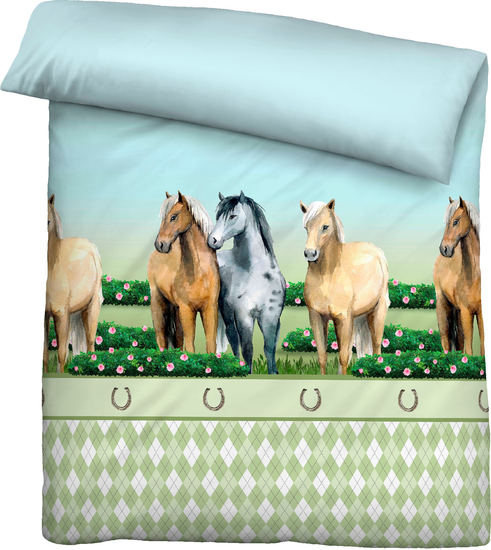 Biberna Kinderbettwäsche »Pferde«, 135/200+80/80 cm, atmungsaktiv, 100% Baumwolle, Reißverschluss
