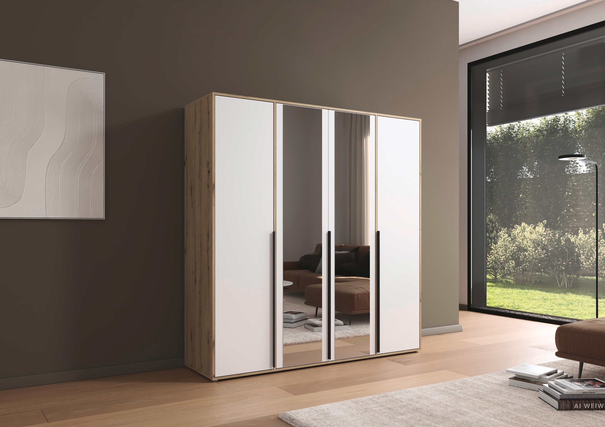 rauch Drehtürenschrank »Kleiderschrank Schrank Garderobe Wäscheschrank NAGATA mit Spiegel«, (in 3 verschiedenen Ausstattungen BASIC/CLASSIC/PREMIUM), und modernen Stangengriffen in Graumetallic TOPSELLER MADE IN GERMANY