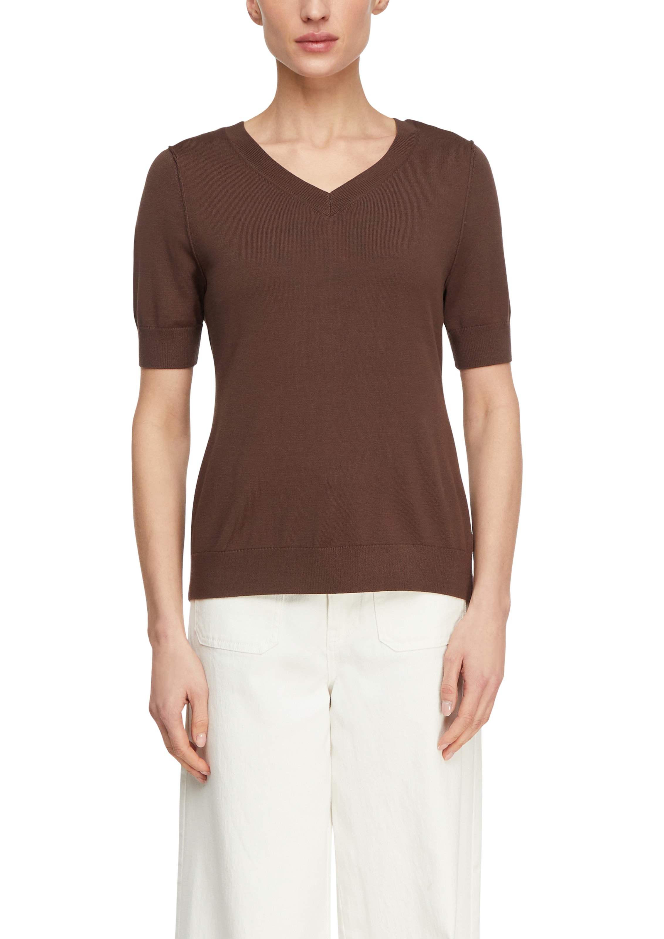 Comma Strickpullover Halbarm-Pullover mit V-Ausschnitt und Bindung im Nacken