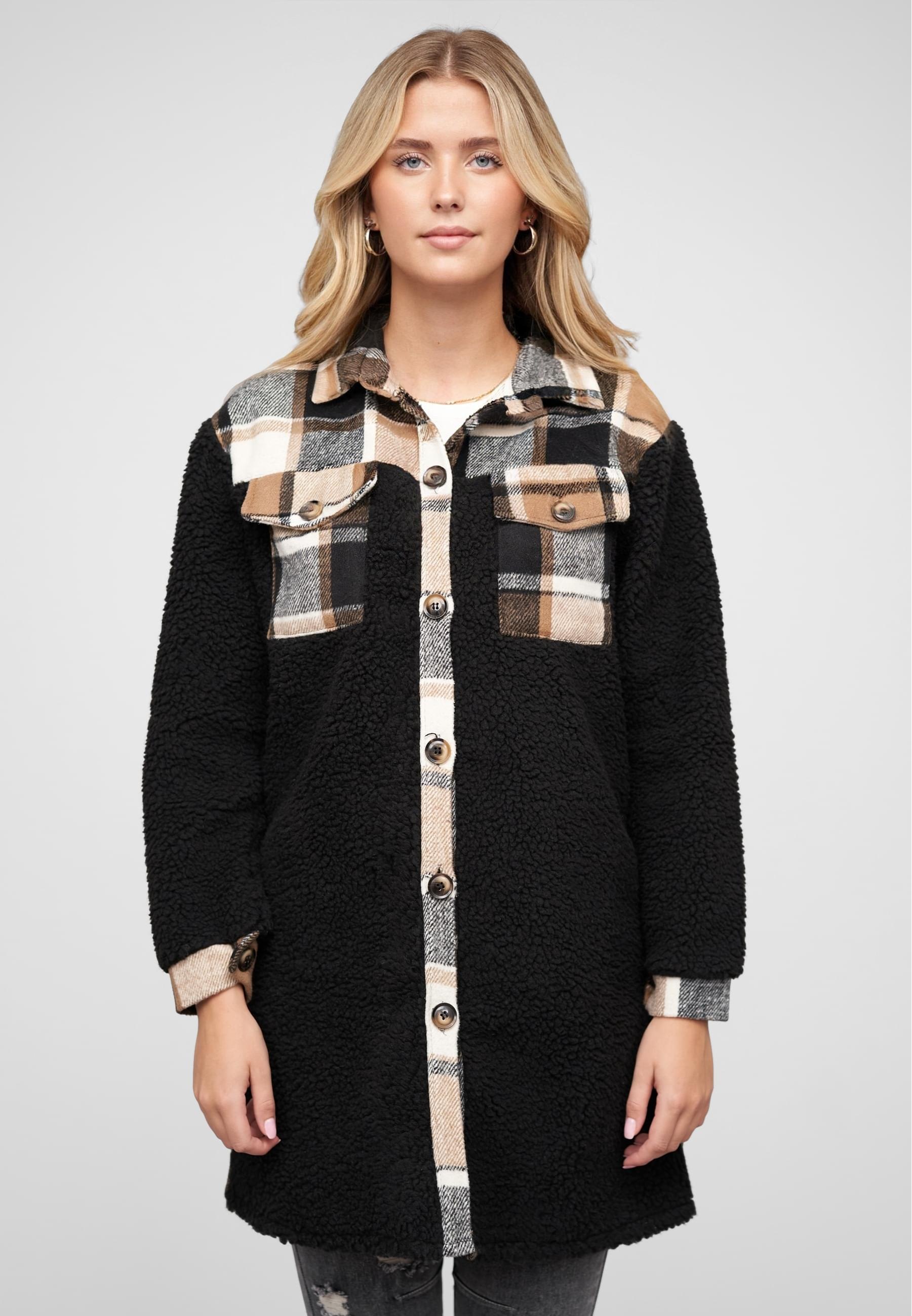 CLOUD 5IVE Winterjacke »CLOUD 5IVE Teddyfell Shacket-Jacke Mantel mit 2 Brusttaschen«, (1 St.), ohne Kapuze