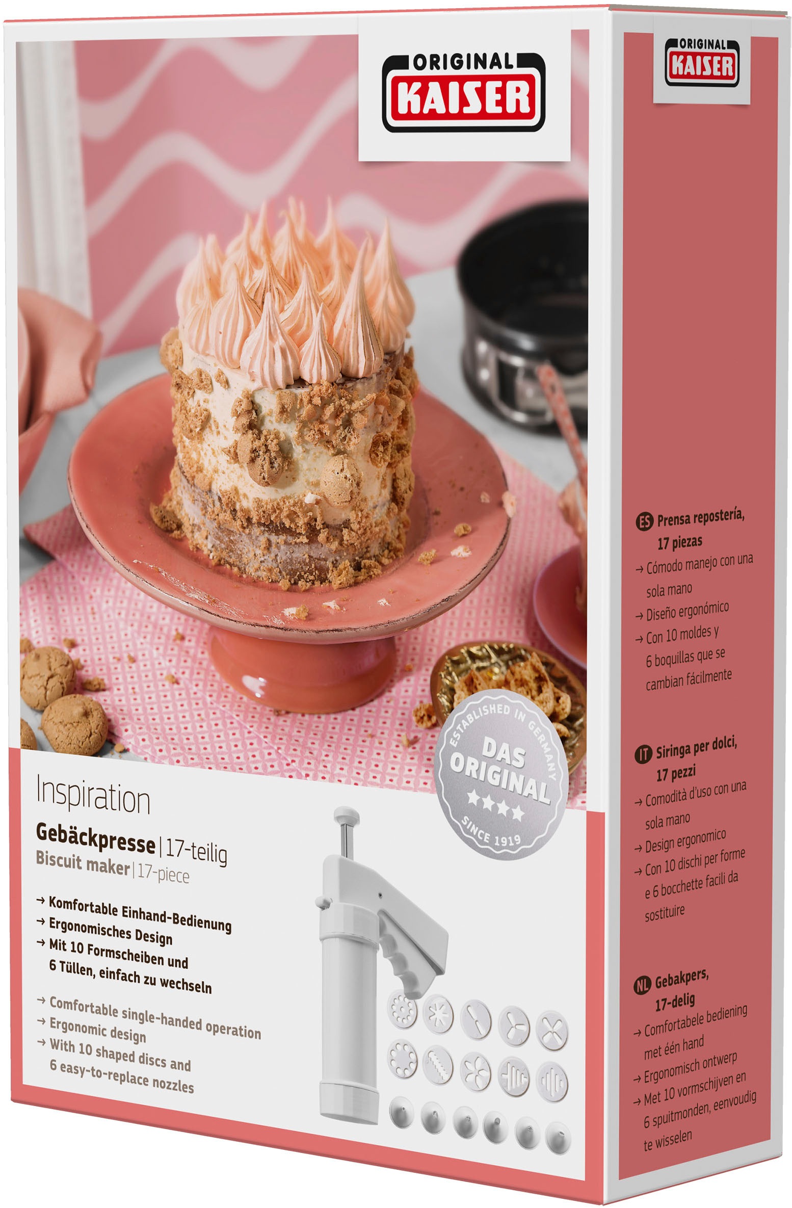 Kaiser Backformen Gebäckpresse »Inspiration«, (Set, 17 tlg.), Gebäckpresse, 6 Spritztüllen und 10 Gebäckscheiben, Einhandbedienung