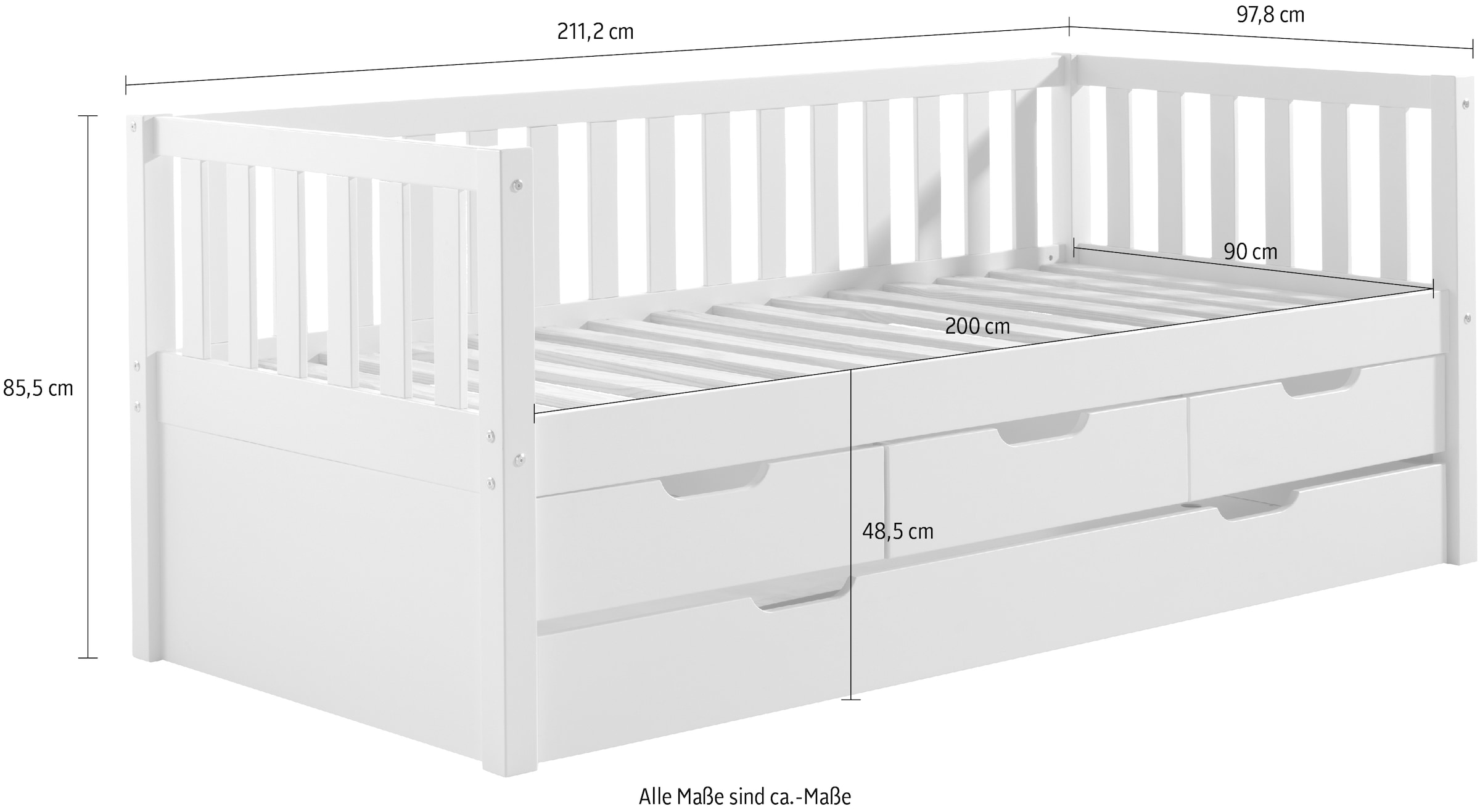 Vipack Einzelbett, Sprossenumrandung, Liegefläche 90x200 cm, in Milky Pine oder Weiß