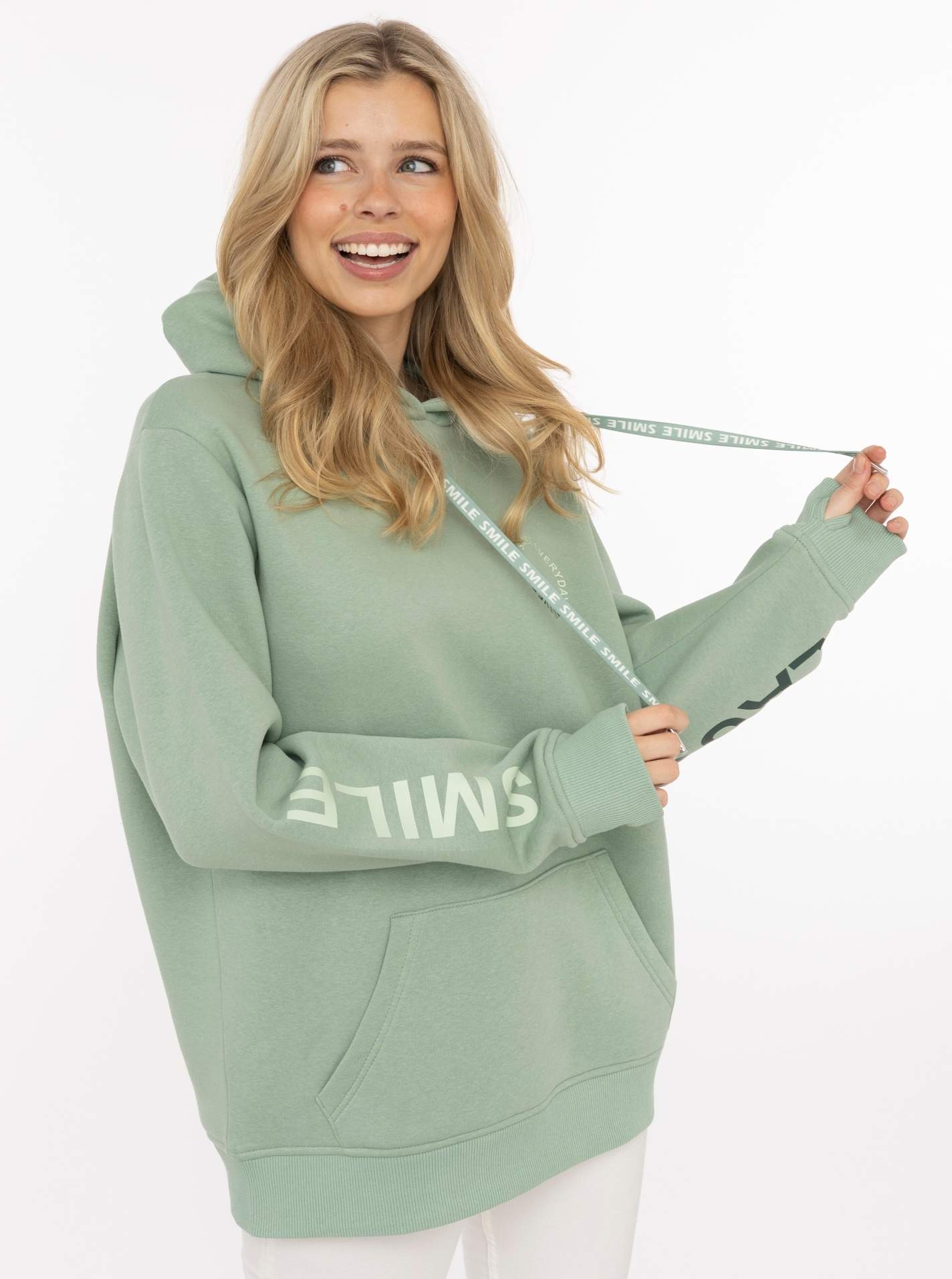 Zwillingsherz Hoodie ""SMILE & LAUGH"", Print am Arm und Brust, Kapuze mit bedruckter Kordel, Kängurutasche