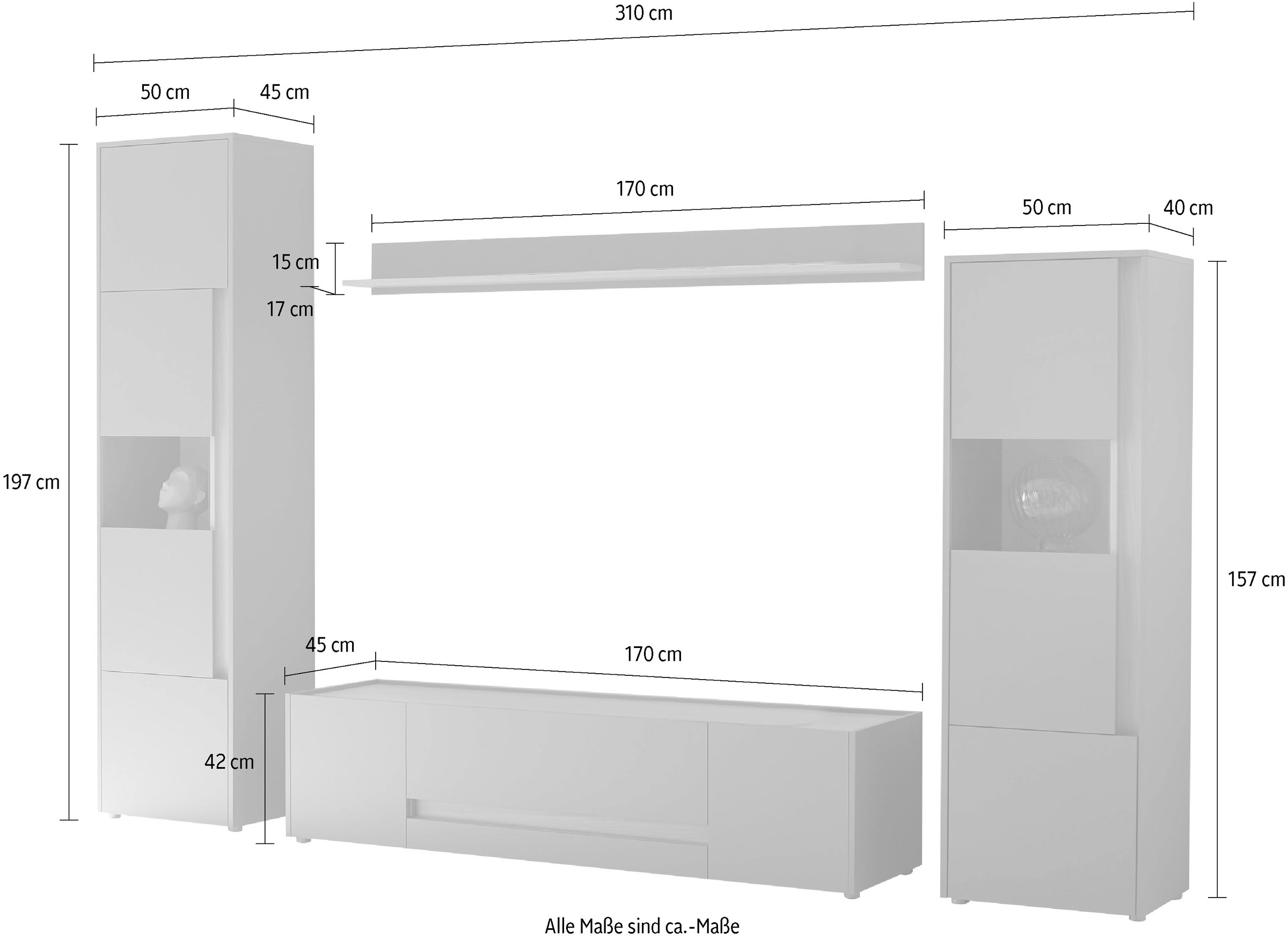 INOSIGN Wohnwand »City/Giron, moderne Anbauwand, Komplettset in vielen Farben verfügbar«, (Set, 4 St.), enthält zwei Vitrinen, ein Lowboard & ein Wandboard