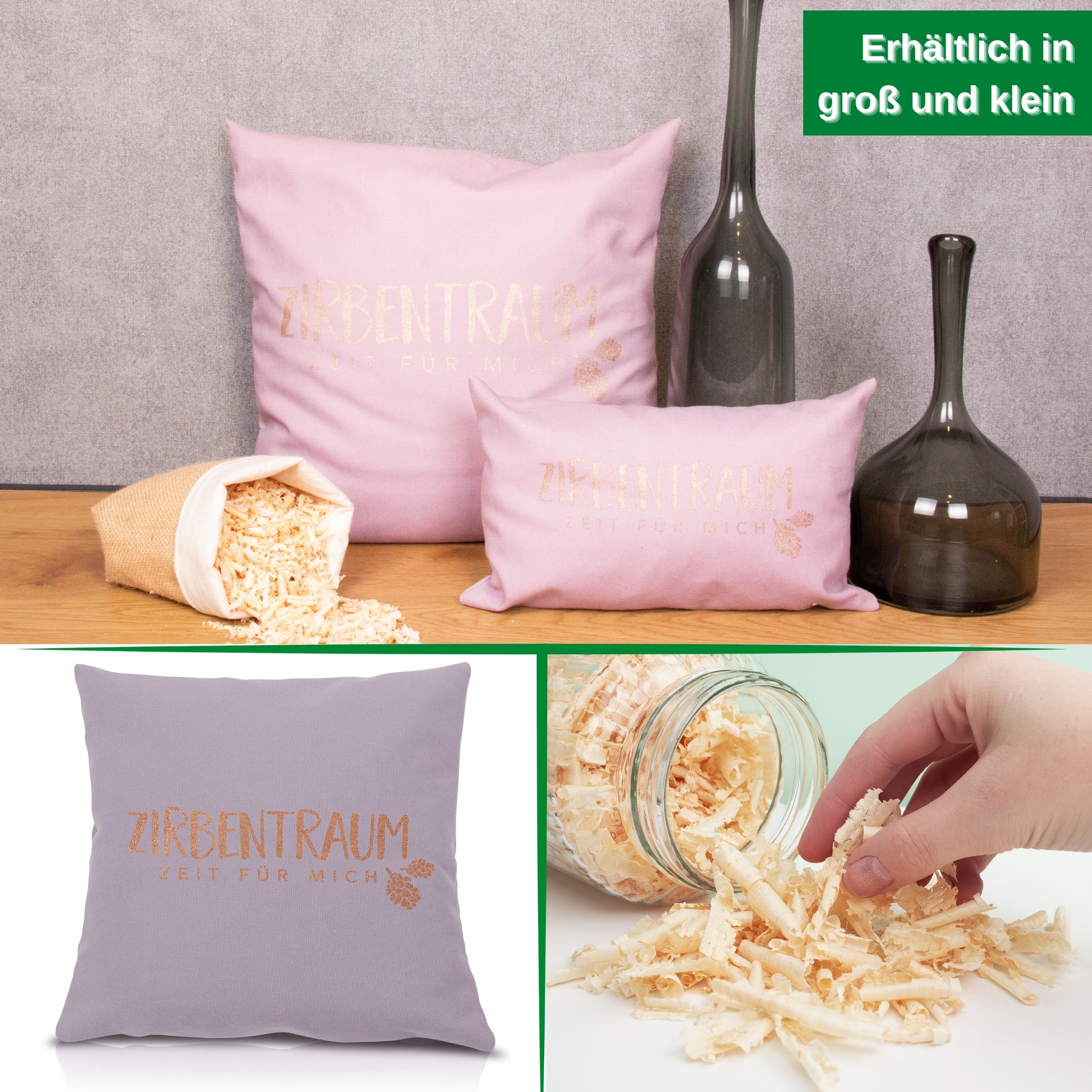 herbalind Zirbenkissen »Zirbentraum in Violett/Roségold 40x40 mit Reißverschluss - Gefüllt«, (1 tlg.), mit hochwertigen Zirbenholzflocken 100% Baumwolle - Made in Germany