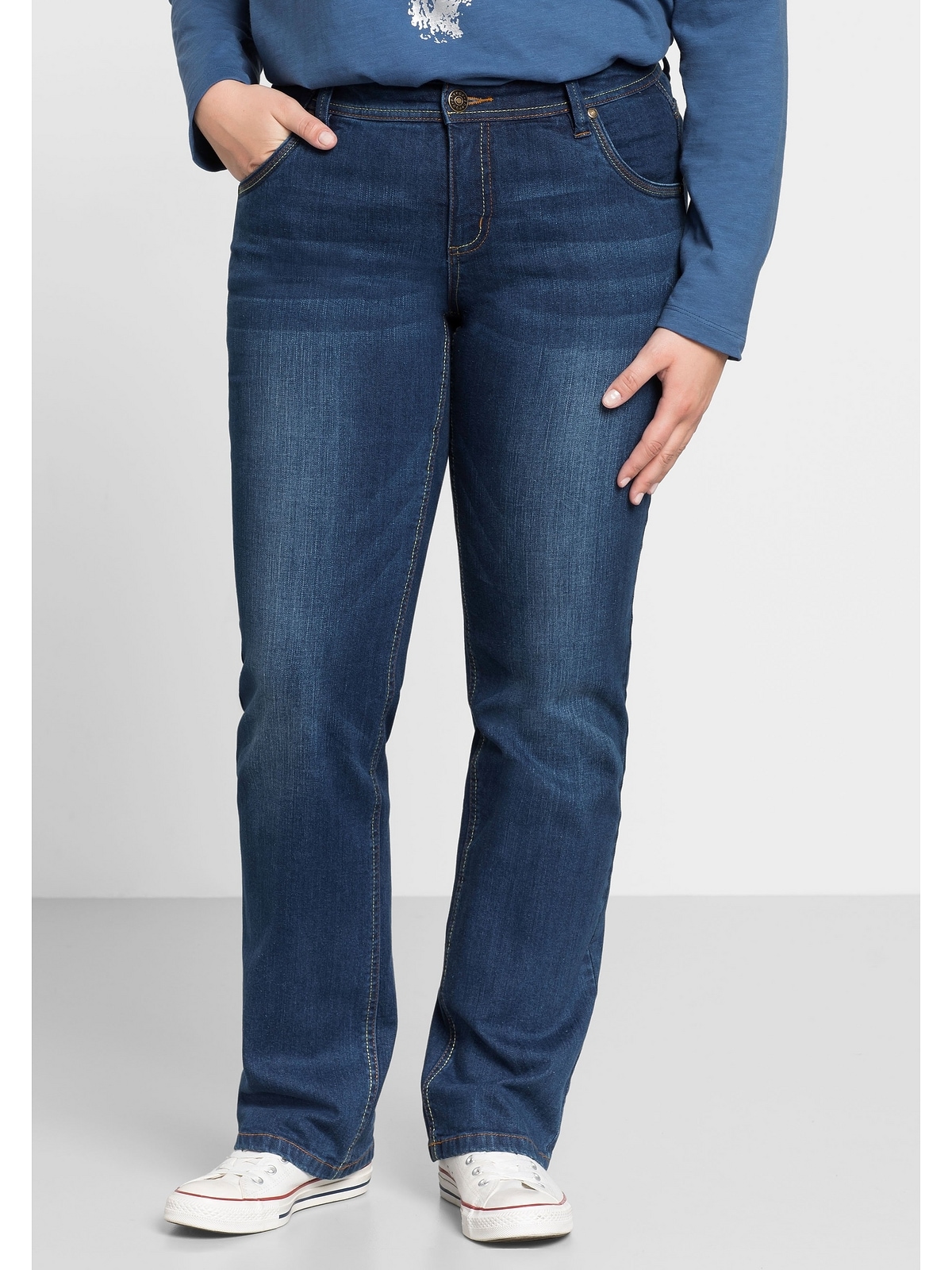 Stretch-Jeans »Große Größen«, mit gerader Beinform, individuelle Used-Effekte