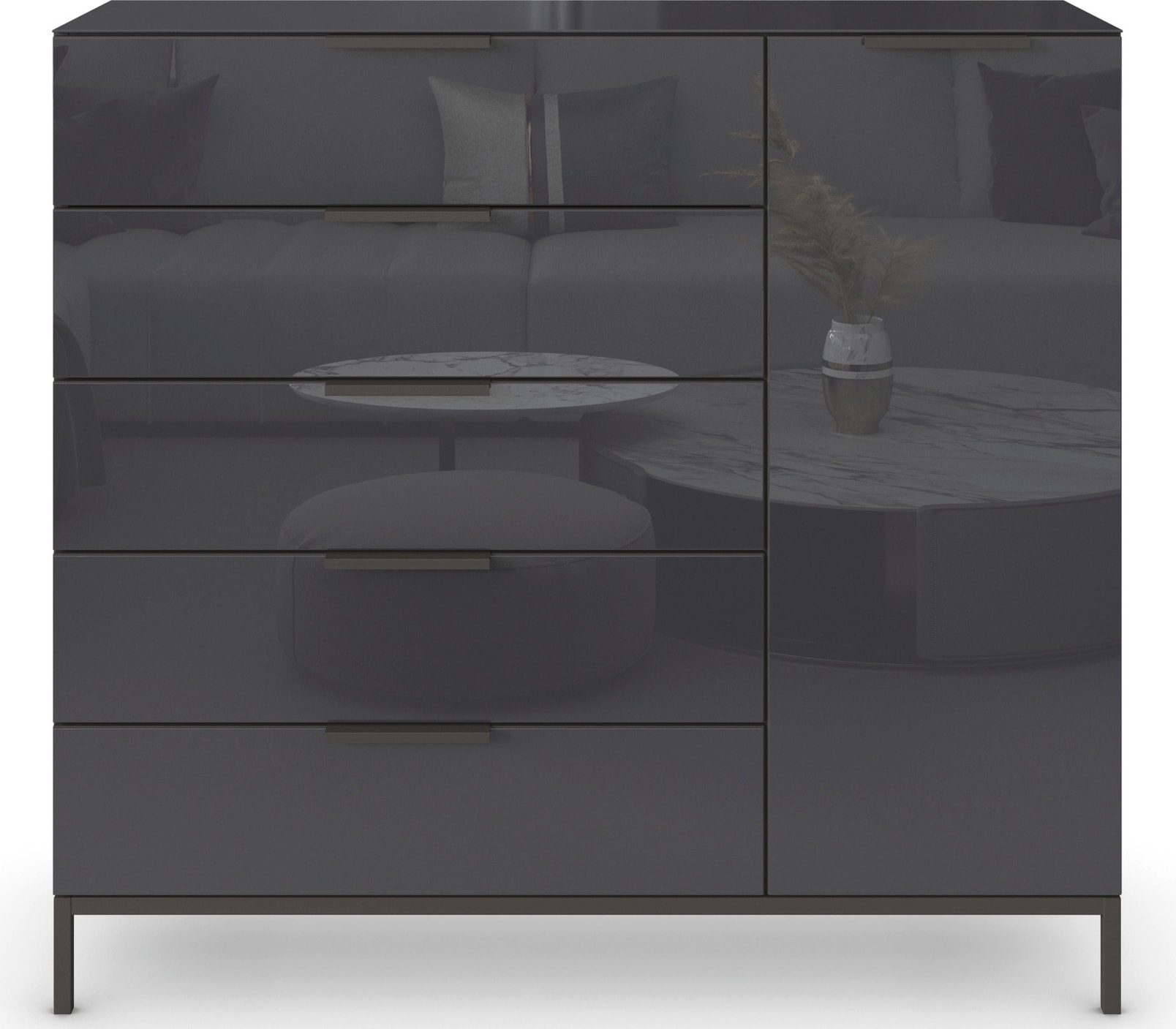 rauch Kombikommode »Kommode Türkommode Sideboard Kombikommode FLIPP mit Glasfront«, (Breite 120 cm mit 2 Einlegeböden), 1-türig, 5 Schubladen, Soft-Close-Funktion, Oberboden und Front Glas