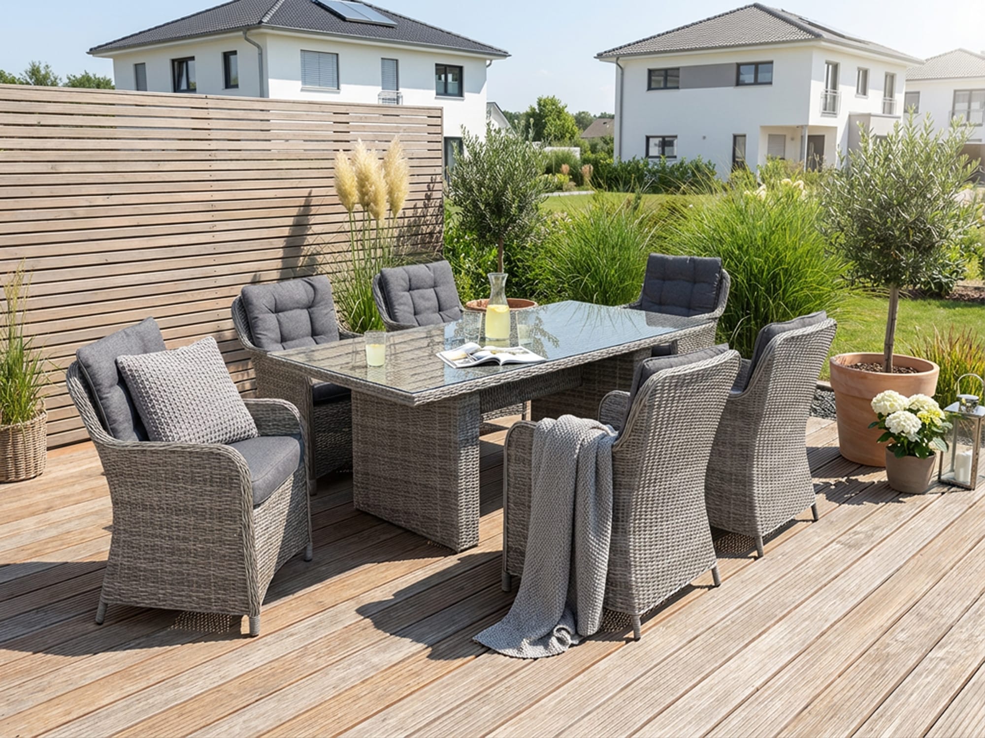 KONIFERA Garten-Essgruppe »»Menorca«« Set, 6x Sessel, 1x Tisch 200x100x75 cm, inkl. Auflagen, Alu, Polyrattan, 19 Stk. tlg. Polyrattan, Aluminium, Tischplatte aus 5mm starkem Sicherheitsglas