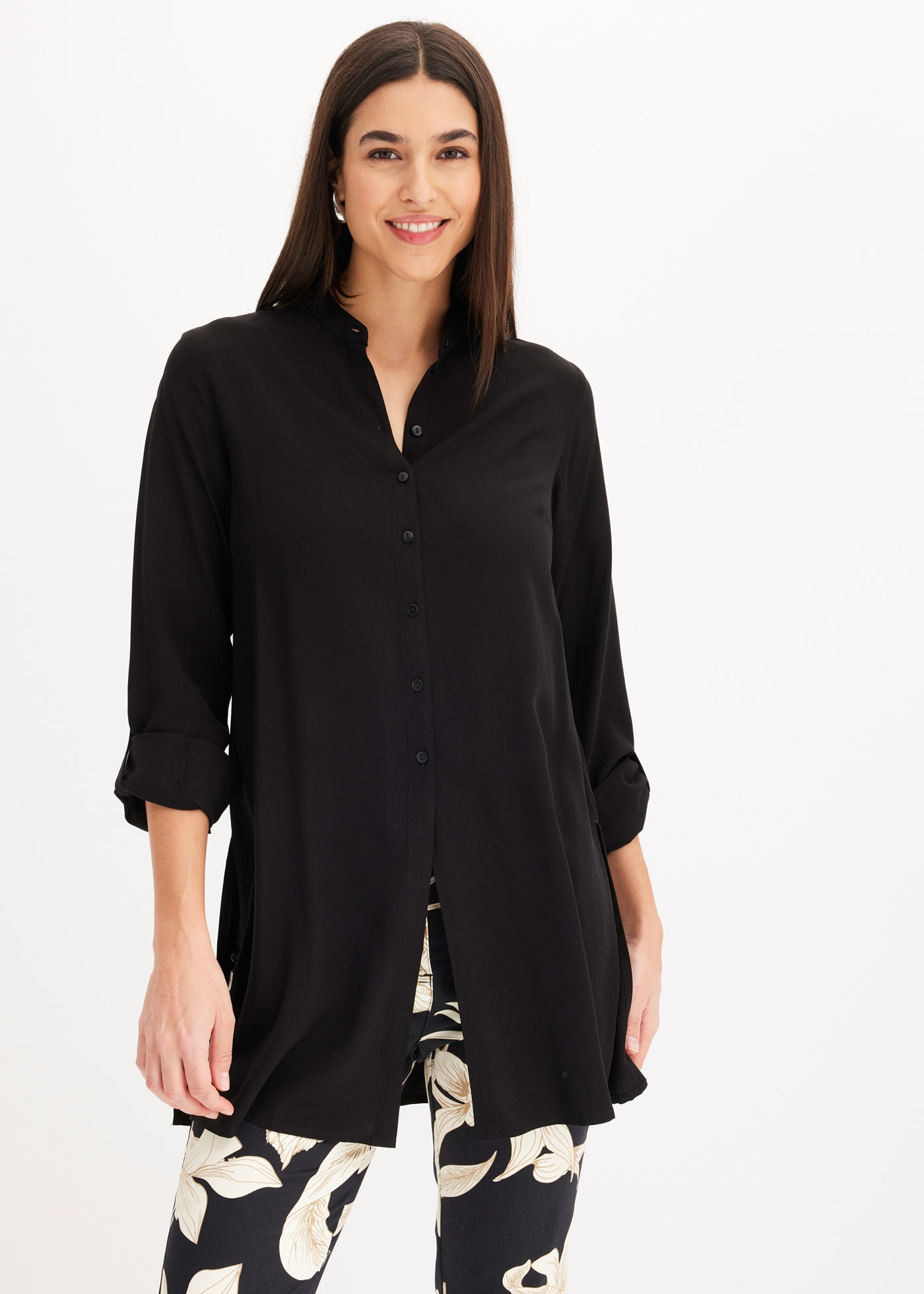 bonprix Longbluse gerade Passform, mit langem Arm, aus Viskose, mit Stehkra günstig online kaufen