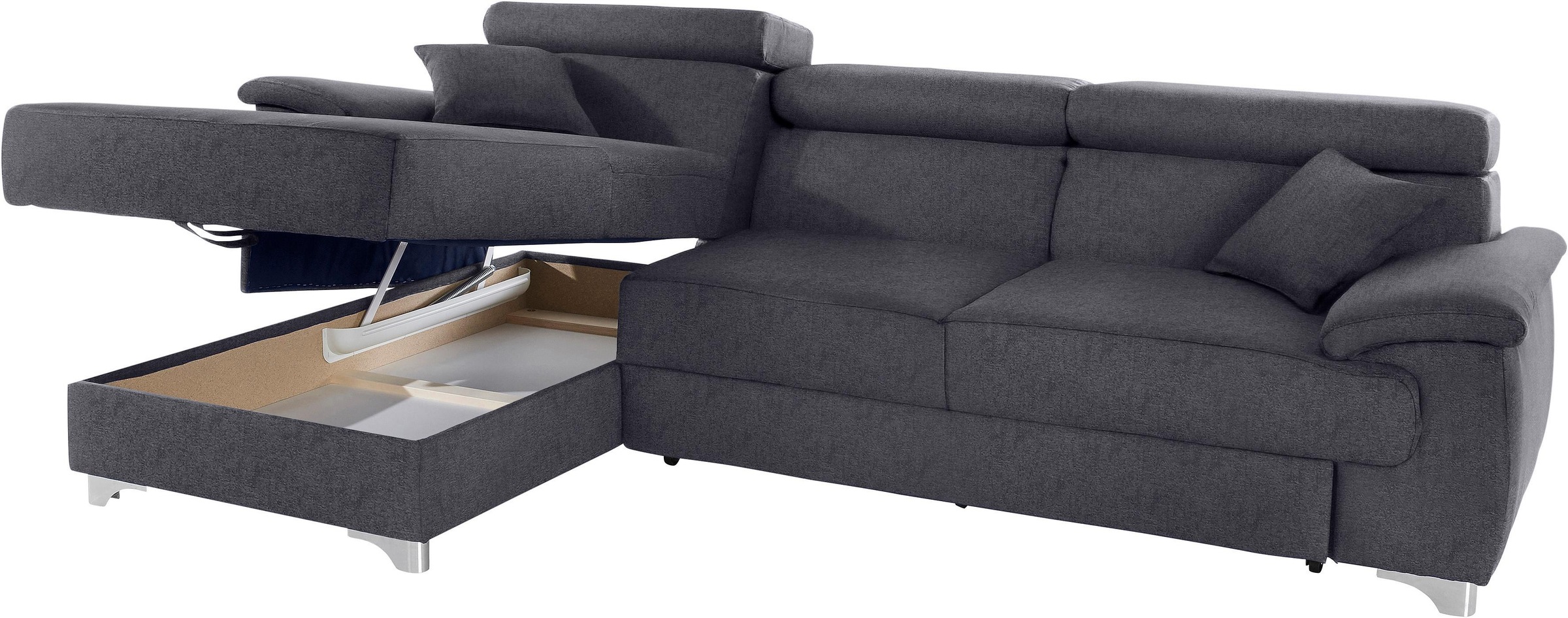 Ecksofa DOMO COLLECTION "Mira, inklusive Kopfteilverstellung für mehr Wohlfühlkomfort, L-Form", grau (dunkelgrau), B:271cm H:78cm T:167cm, Zierkissen: Entsprechend jeweiligem Bezug.;Struktur (100% Polyester);Struktur fein (100% Polyester);Luxus-Microfaser 6
