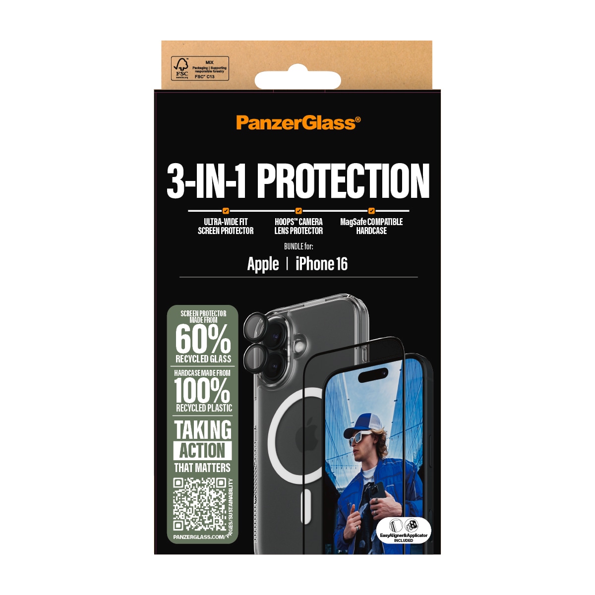 PanzerGlass Displayschutzglas »3-in-1 Protection«, für Apple iPhone 16, (Set, 3 St., bestehend aus Ultra-Wide Fit Glass, Hoops, Case), Displayschutzfolie, Set, Kameraglas, Cover, MagSafe, kratz- & stoßfest