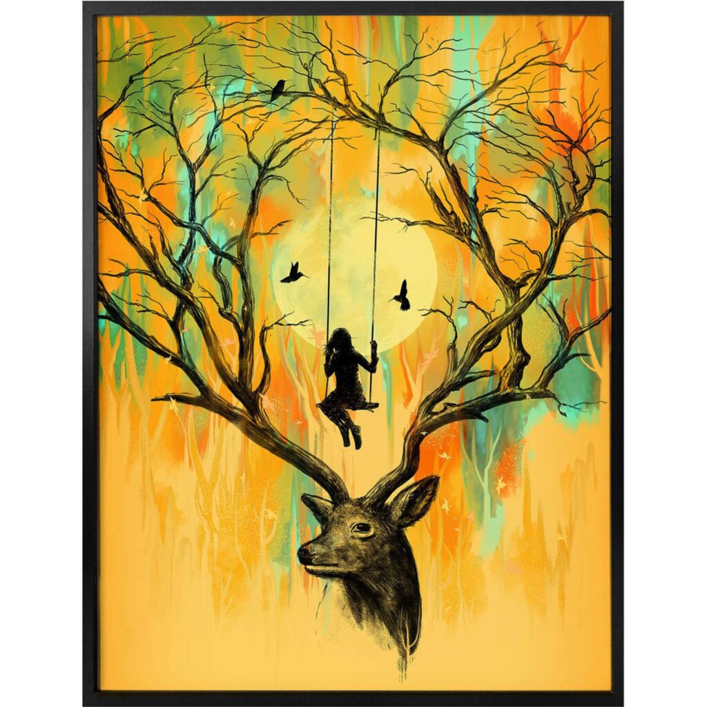 Wall-Art Poster »Orange Hirsch Geweih Schaukel«, Tiere, (1 St.)