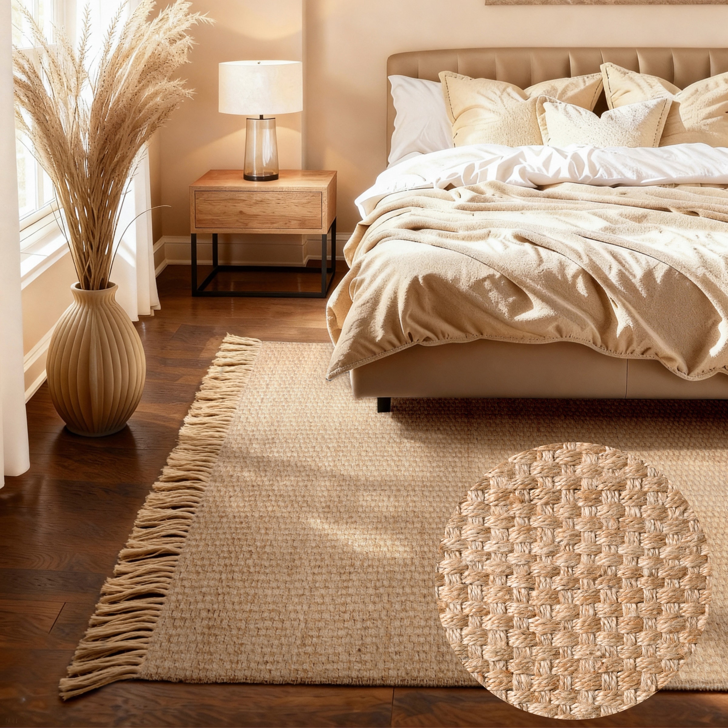 Teppich HANSE HOME "Fjord", natur,gold, B:200cm H:10mm L:300cm, Jute, Teppiche, Teppich, Jute, Handgemacht, Naturteppich, Wohnzimmer, Läufer, Fransen