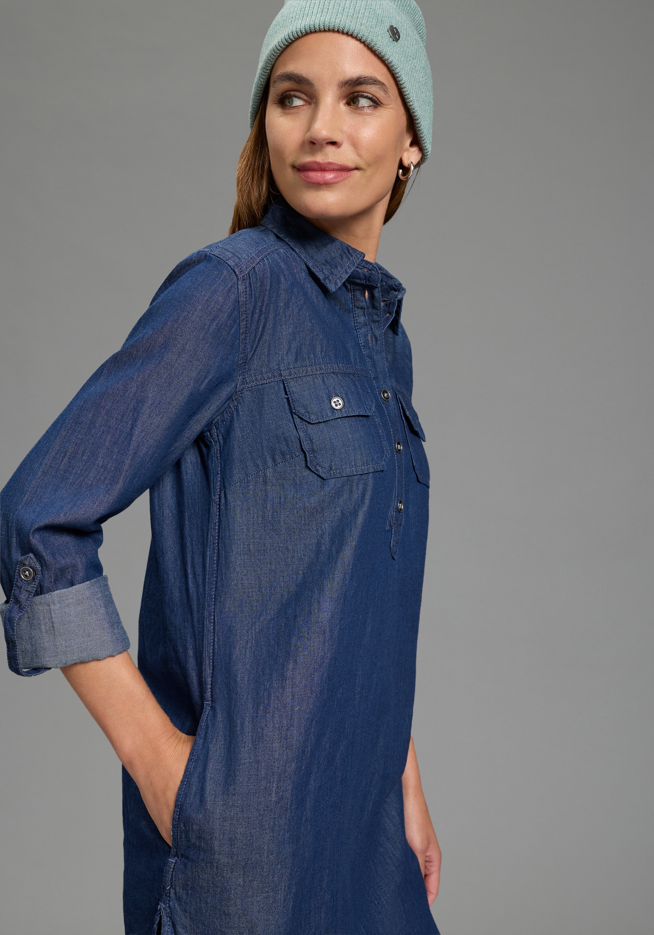 Arizona Jeansbluse »Krempelärmel mit Riegel« im Tunikastil
