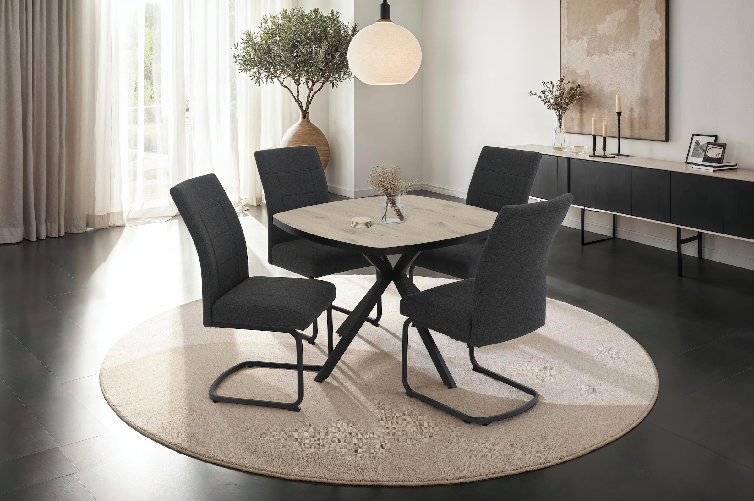 HELA Freischwinger »BRINDISI, Esszimmerstuhl«, (Set), 4 St., Webstoff-Flachgewebe, XL-Sitz,Federkorb,140kg belastbar,Zertifizierter "Waterfree" Stoff
