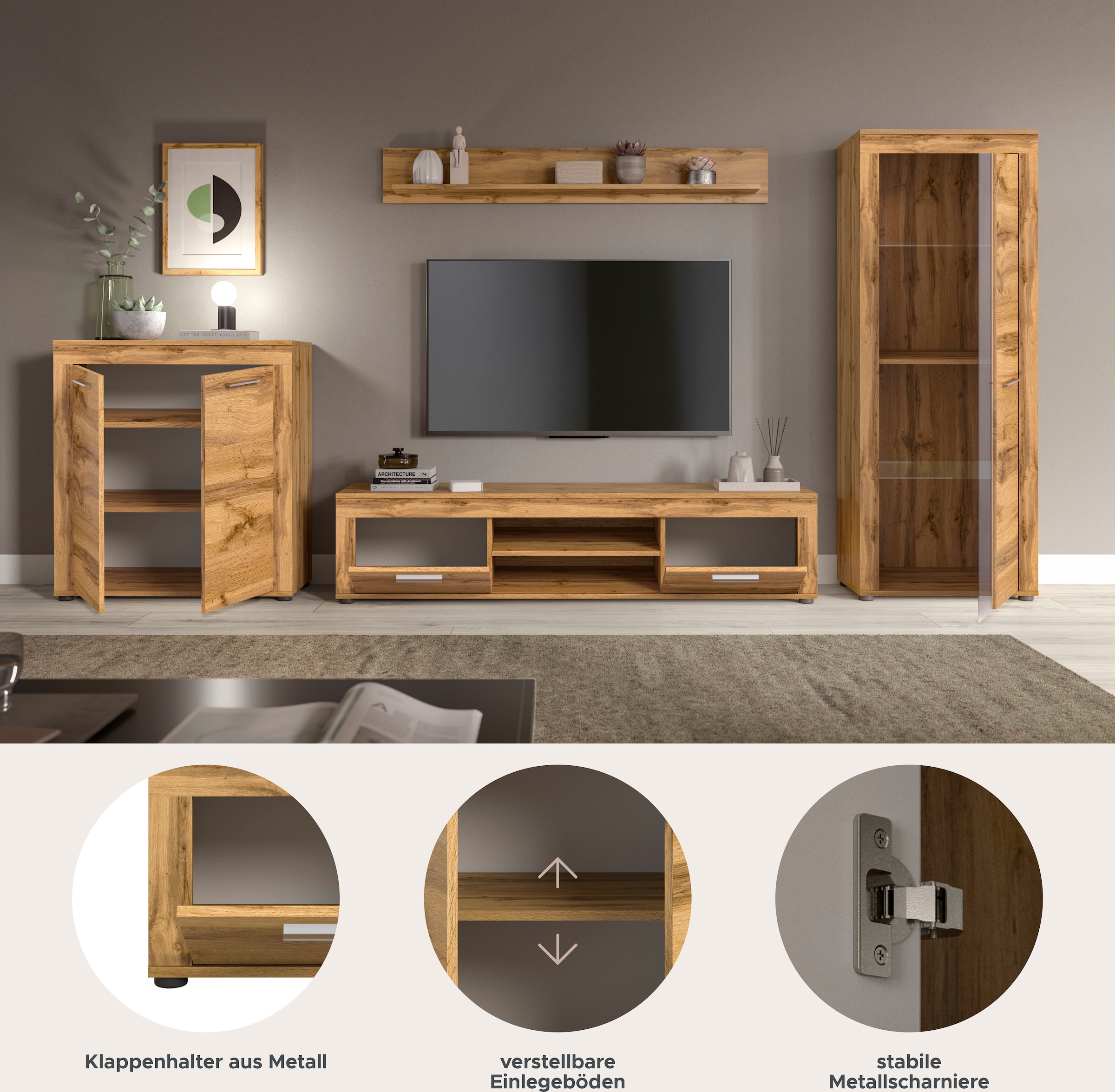 INOSIGN Wohnwand »Aosta, Breite 330cm, best. aus Highboard, Lowboard, Wandboard, Vitrine«, (4 St.), Wohnwand, Kombination, Anbauwand, Möbel Set, Schrankwand, Möbel Kombi