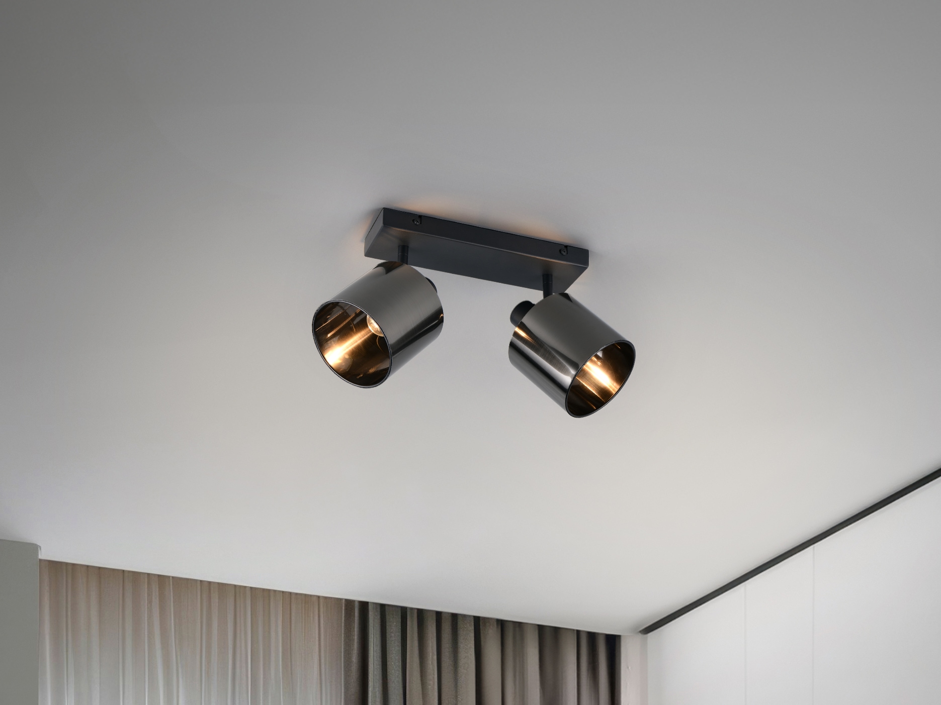 REALITY Leuchten Deckenstrahler »JASON, Deckenspot 2-flammig exkl 2x E14 max 10W, 36x22x12 cm (B/H/T)« E14 1 Stk. warmweiß - kaltweiß 2 verstellbare Strahler, Metall schwarz, Lampenschirm rauchgrau