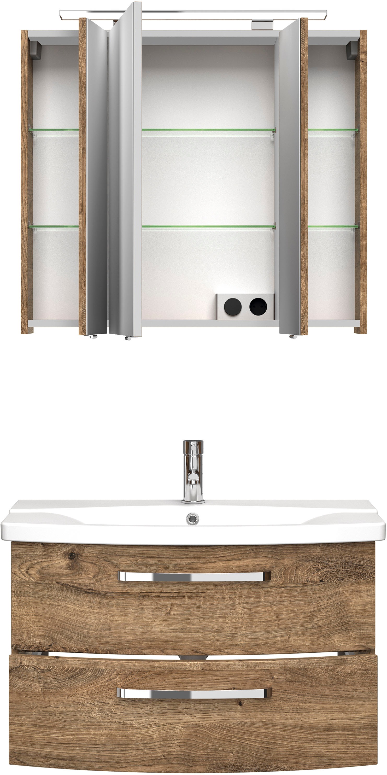 Saphir Badmöbel-Set »Serie 4010 2-teilig Keramik-Waschtisch mit LED-Spiegelschrank«, (Set), Badezimmer Set 84 cm breit, inkl. Türdämpfer, 3 Türen, 2 Schubladen