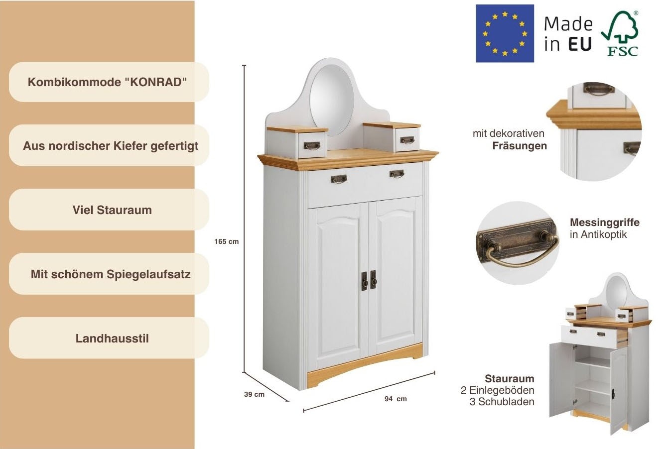 Home affaire Kombikommode »Konrad«, Breite 94 cm, aus massiver, FSC®-zertifizierter Kiefer