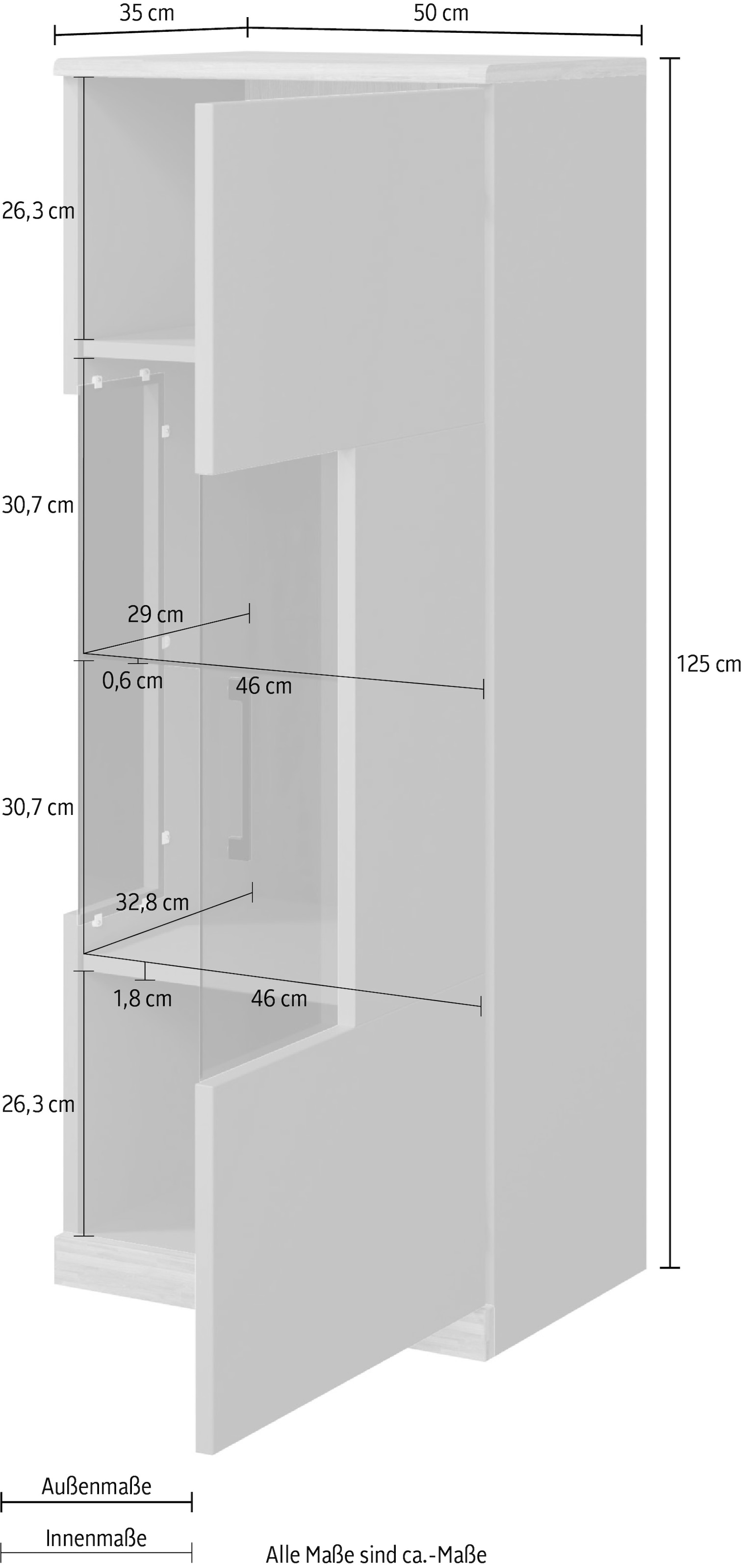 Home affaire Vitrine »Ribe,125cm hoch,4 Fächer,1Glasboden variabel einsetzbar«, Oberplatte Eiche massiv,dunkles Glas, schwarze Metall Griffe