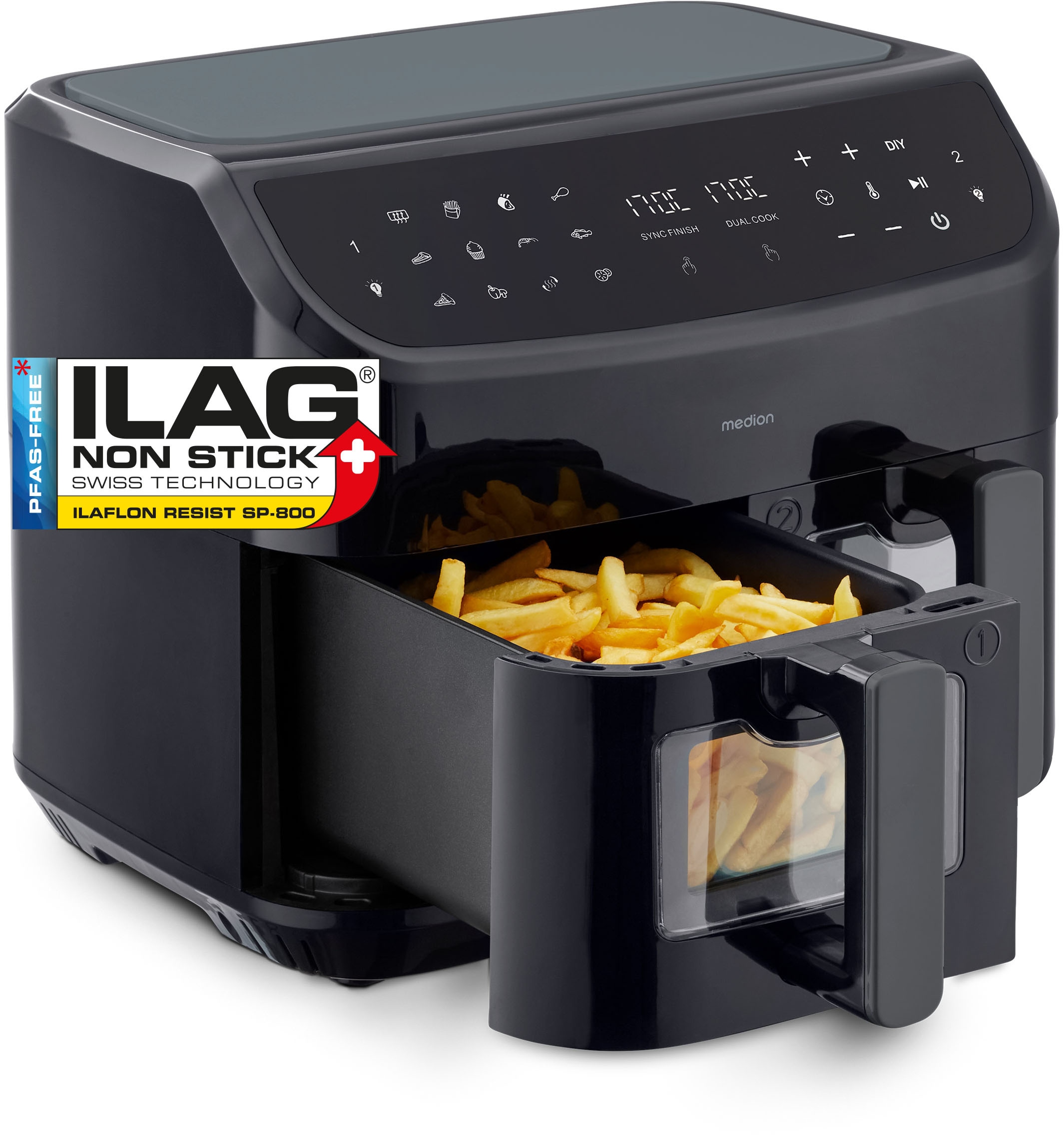 Medion® Heißluftfritteuse »P20 XL (MD 11760) 8,7 L Korbvolumen, 9 Automatikprogramme, Dual Cook«, 2400 W, Temperatur 50 - 200 °C, ILAG Beschichtung, Sync-Finish