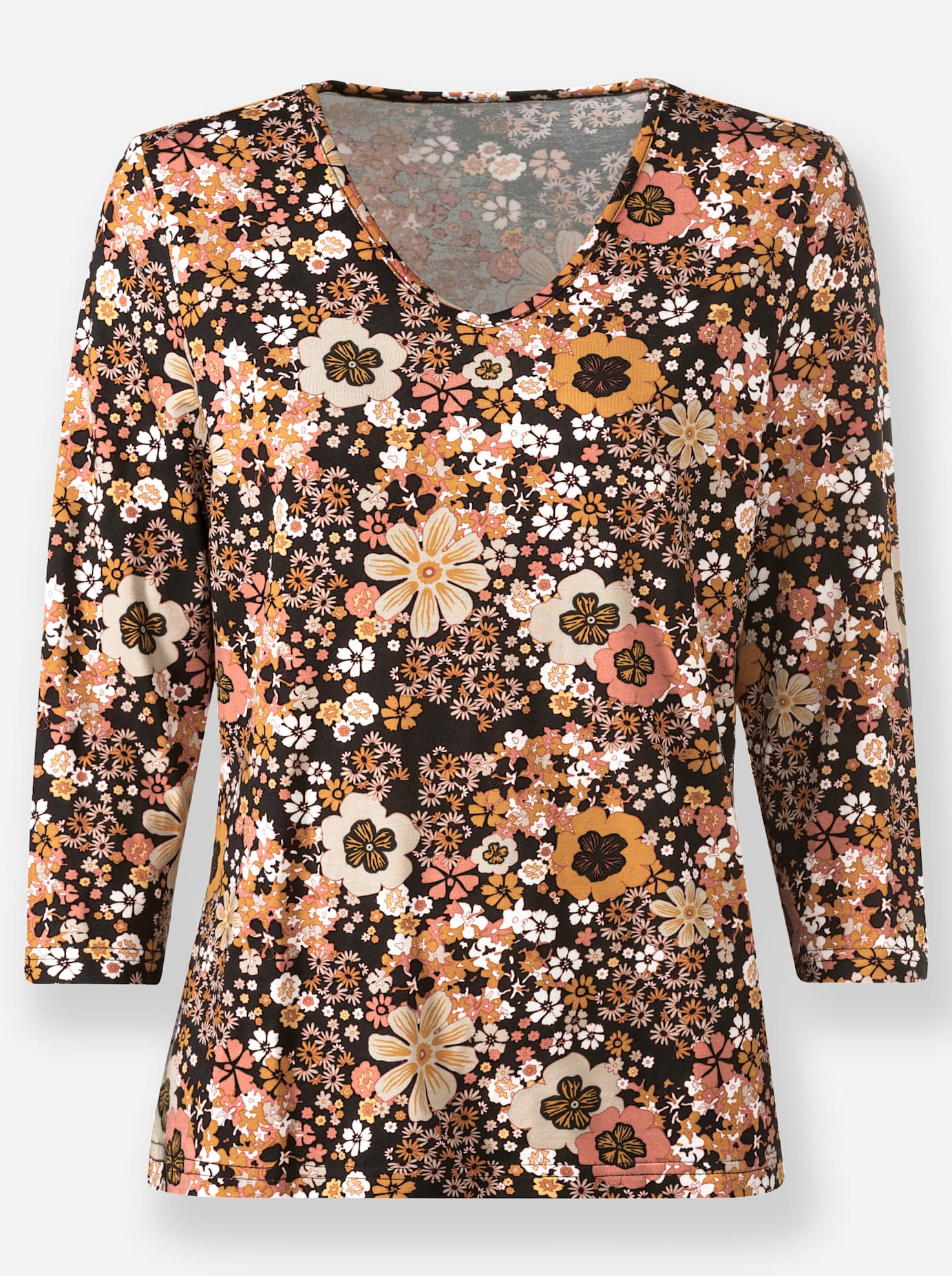 3/4-Arm-Shirt INSPIRATIONEN "3/4-Arm-Shirt", Damen, Gr. 52, schwarz (schwarz, papaya, bedruckt), 95% Viskose, 5% Elasthan, bedruckt, geblümt, gemustert, mehrfarbig, V-Ausschnitt, Shirts 3/4-Arm-Shirt 2