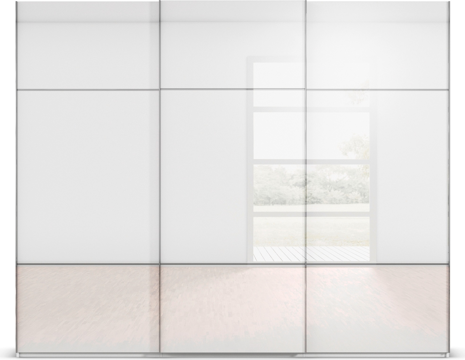 rauch Schwebetürenschrank »Kleiderschrank Schrank Garderobe Schlafzimmerschrank SCALE-TRIO«, edle dreigeteilte Front mit 2 Zierleisten Glasfront MADE IN GERMANY