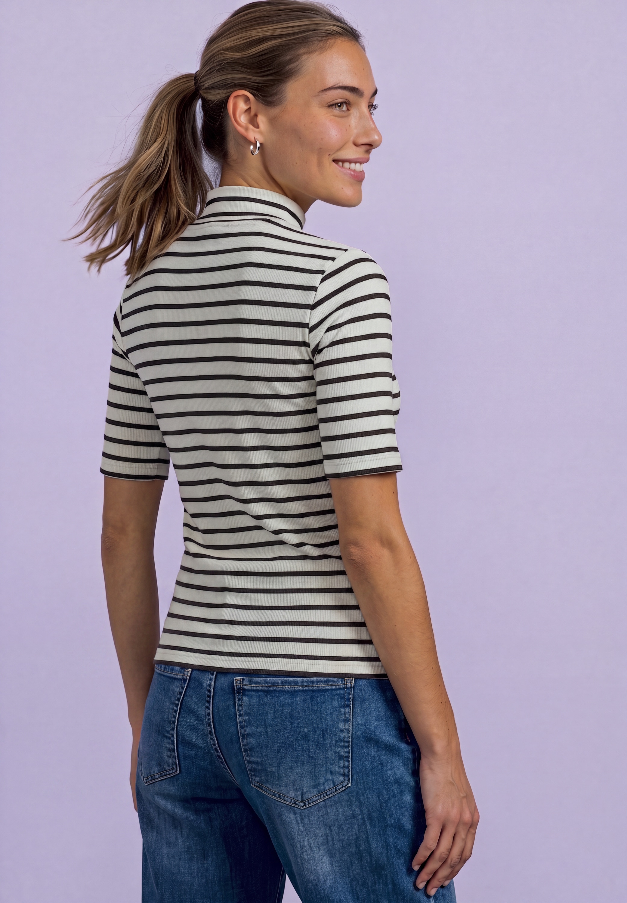 STREET ONE Kurzarmshirt Sommershirt im Streifen-Look / Turtelneck