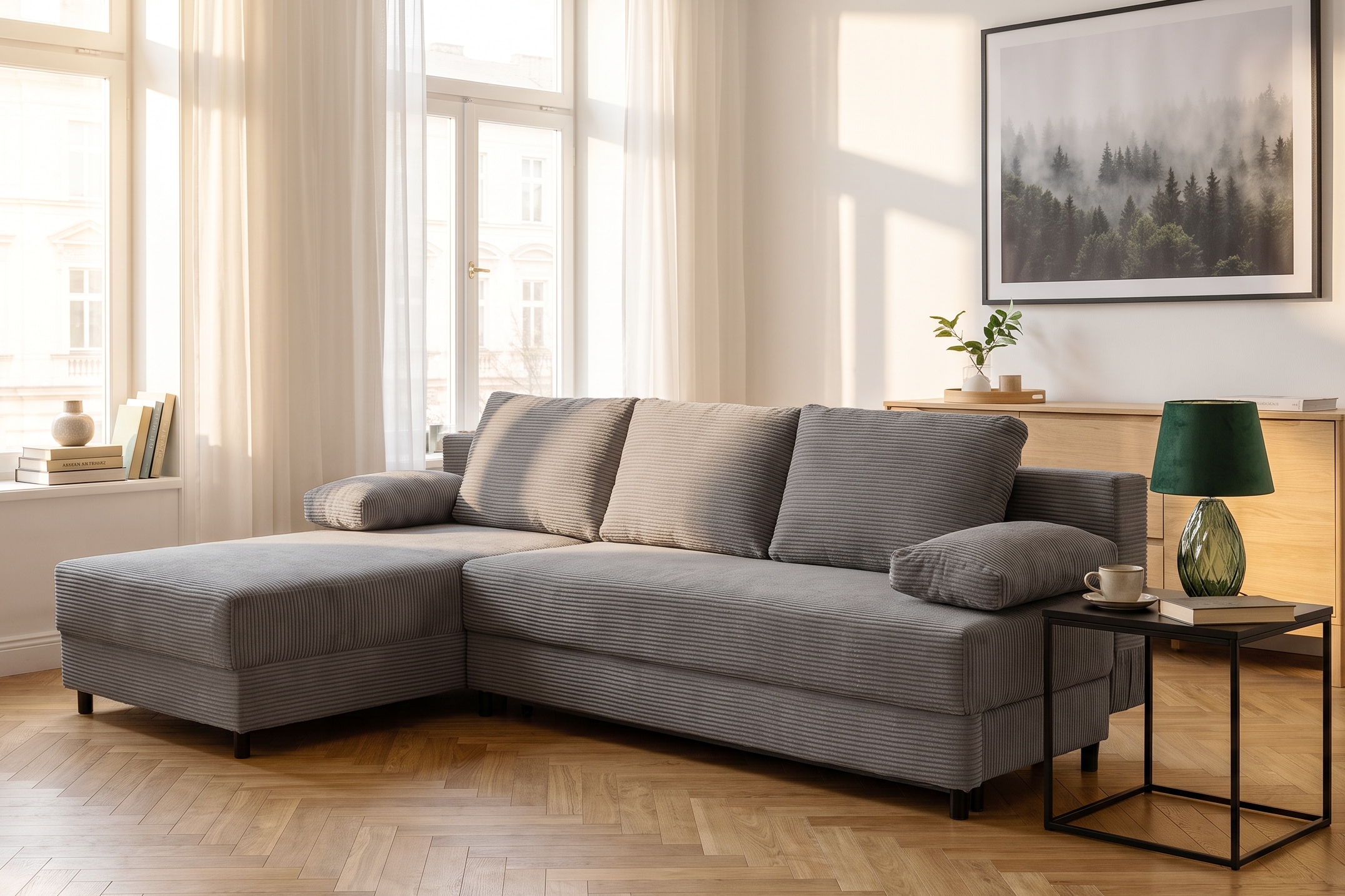 OTTO home Schlafsofa "ONNIKO Ecksofa L-Form Cord, Breite: 240 cm, softer Cord-Bezug" mit Bettfunktion & Bettkasten (Liegefläche 120/240 cm)