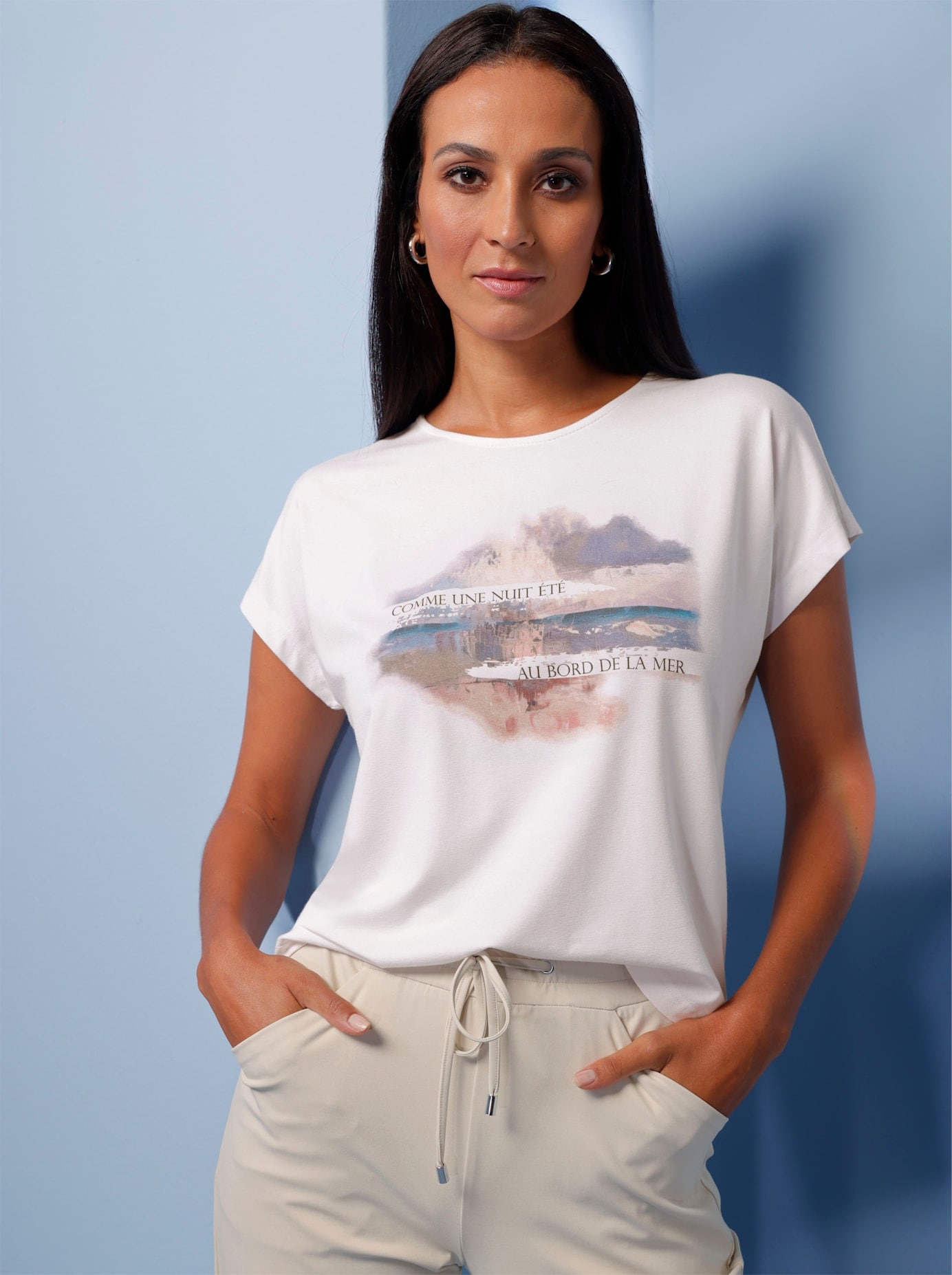 T-Shirt HEINE "Shirt", Damen, Gr. 50, weiß, rauchblau, 95% Viskose, 5% Elasthan, bedruckt, gemustert, mehrfarbig, Rundhals, Shirts T-Shirt
