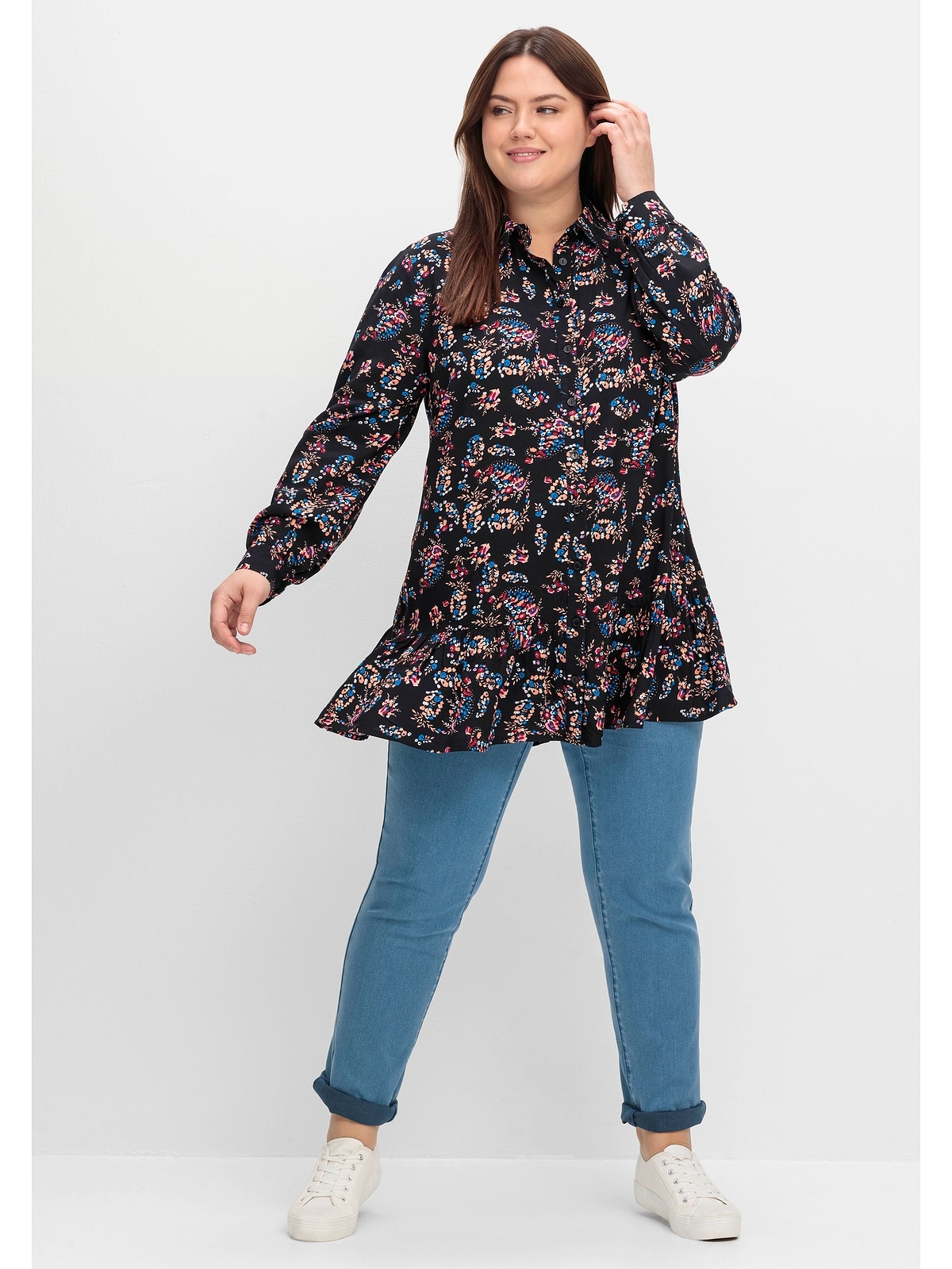 sheego by Joe Browns Langarmbluse »Große Größen«, mit Blumenprint und Volant am Saum