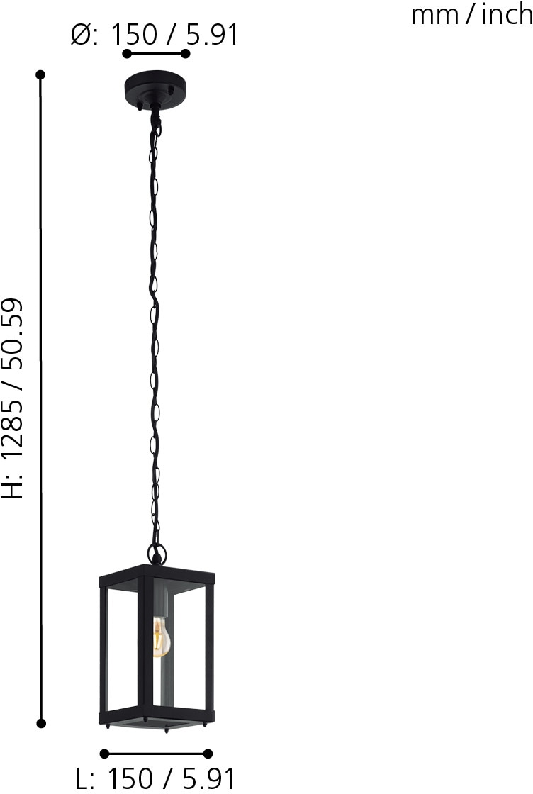 EGLO Außen-Deckenleuchte »ALAMONTE 1«, E27, schwarz / L15 x H128,5 x B15 cm / exkl. 1 x E27 (je max. 60W) / Außenlampe - IP44 spritzwassergeschützt - Balkon - Garten - Eingangsbereich - Vintage - Retro - Rustikal - Hängelampe - witterungsbeständig