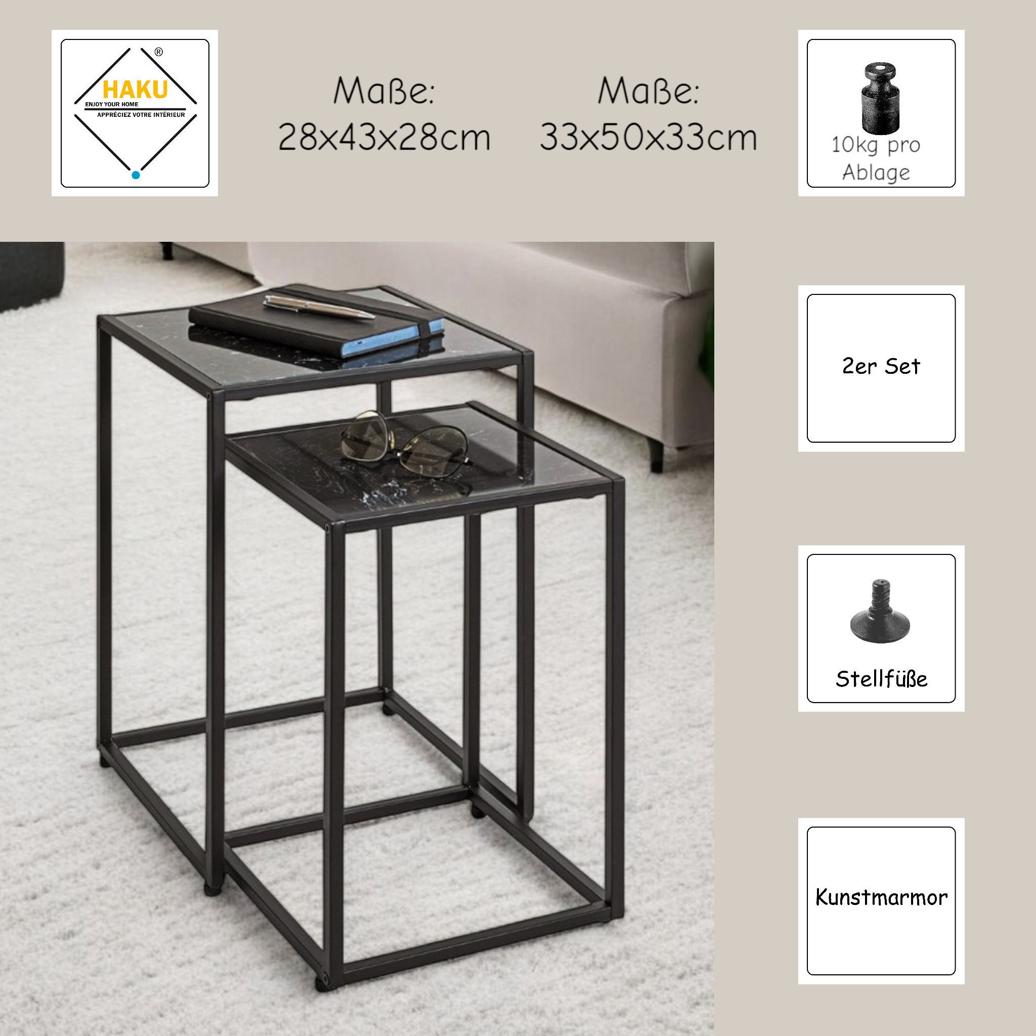 HAKU Beistelltisch »2er Set Beistelltische« Set, 2er Set, 2 Stk. tlg. Ablage Kunstmarmor