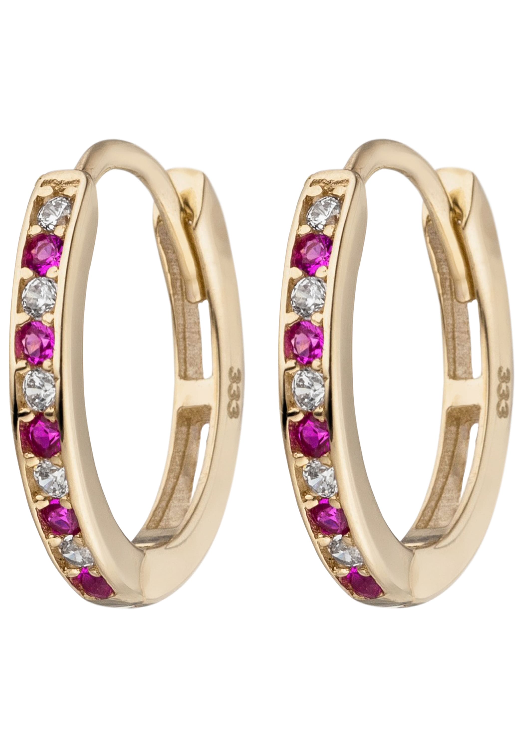 JOBO Paar Creolen »Ohrringe mit 20 Zirkonia rot weiß« 333 Gold