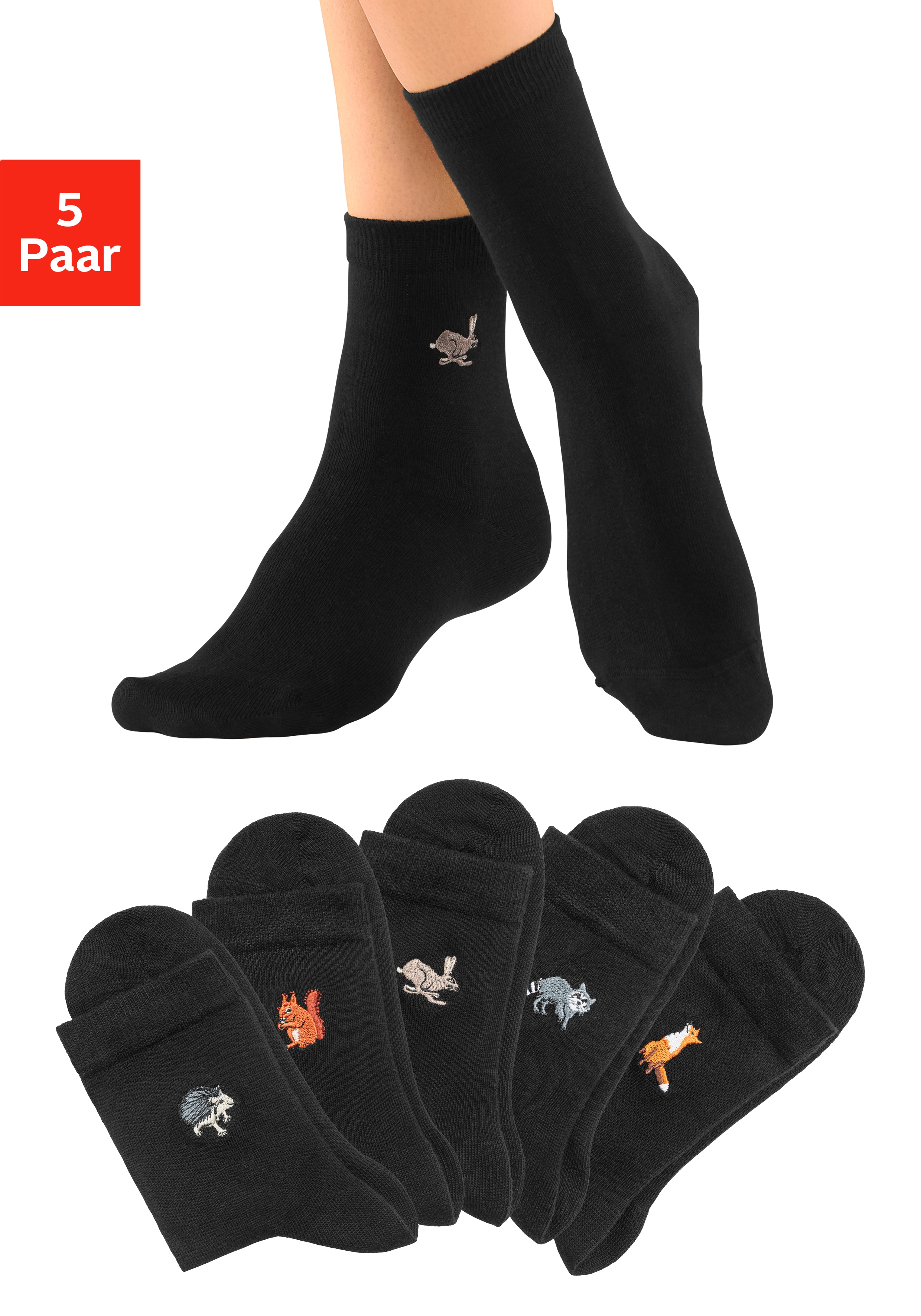 H.I.S Socken "Lustige Damensocken, Kindersocken mit Stickerei Motiven" Packung, 5 Stk. tlg. mit hochwertiger Stickerei, Baumwollsocken