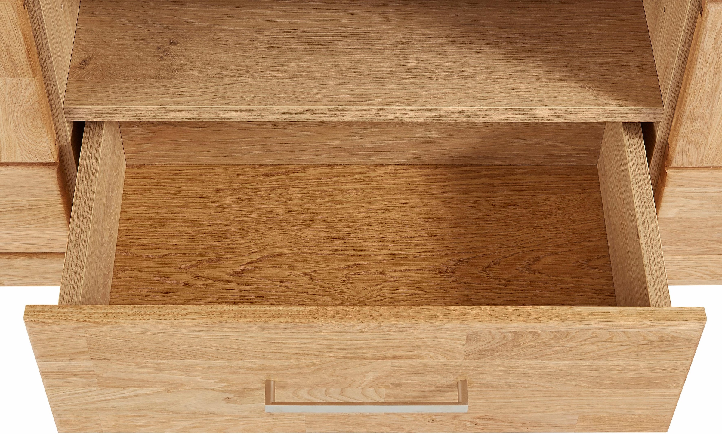 Home affaire Lowboard »Ribe,140cm breit, Fronten Massivholz,6 Fächer,Kabeldurchführung«, Korpus Holzwerkstoff,Glaseinsatz aus gehärtetem Glas,Böden versetzbar