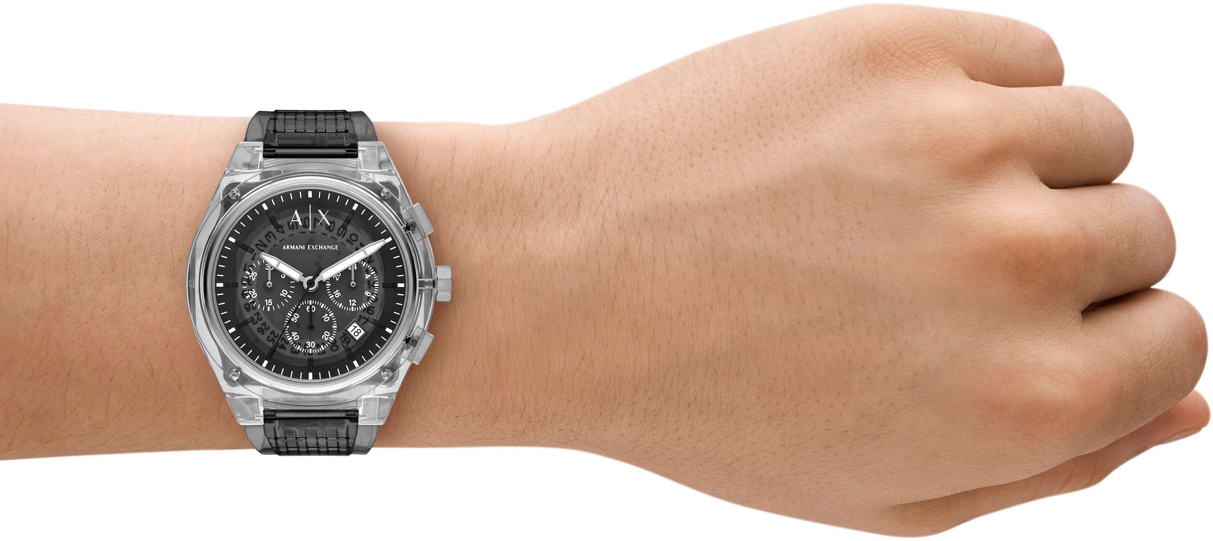 ARMANI EXCHANGE Chronograph »SYNC«, Quarzuhr, Armbanduhr, Herrenuhr, Polyurethanband, Datum, Stoppfunktion