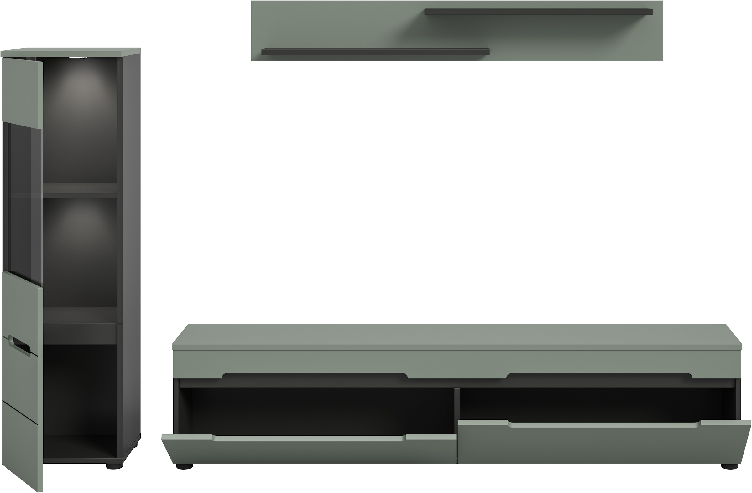 INOSIGN Wohnwand »REHAT, TOPSELLER!, 3-teilig, inkl. Beleuchtung, stehend oder hängend«, (3 St., Set bestehend aus: Vitrine inkl. Beleuchtung, Lowboard und Wandboard), Kombination, Anbauwand, Set, Wohn-Set, Wohnzimmer-Set, Schrankwand