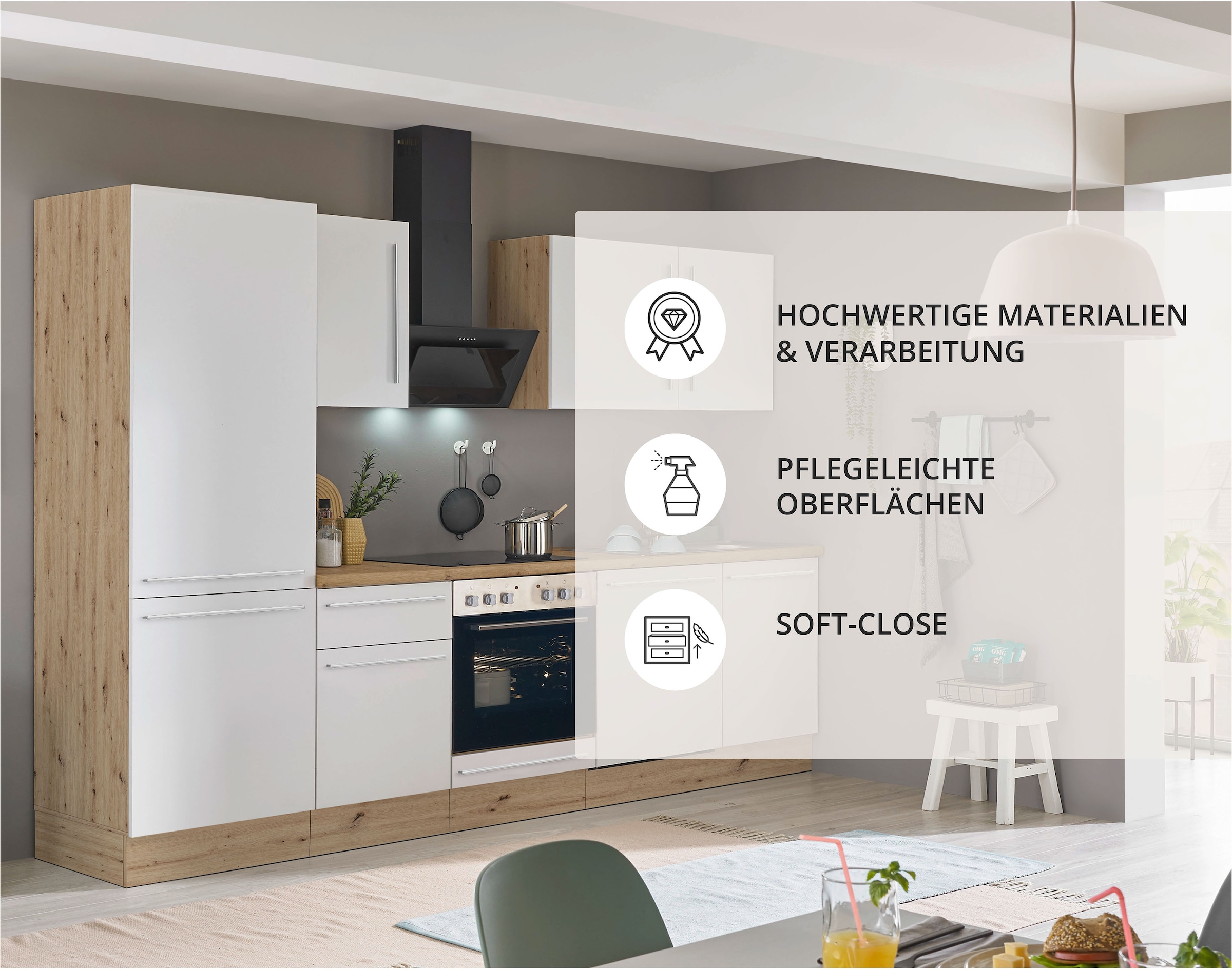KOCHSTATION Küchenzeile »KS-Florida mit 38mm starker Arbeitsplatte«, Breite 280 cm, wahlweise mit E-Geräten, Soft-Close-Funktion