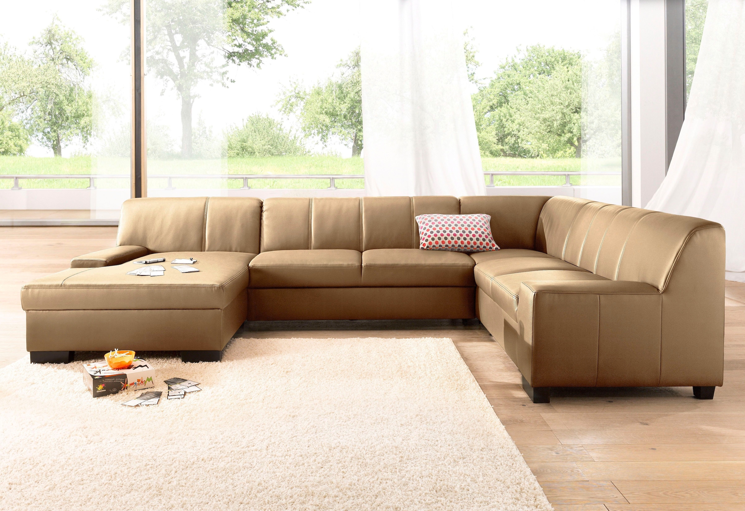 DOMO collection Wohnlandschaft »Norma, mit Kunstleder- oder Lederbezug, viel Platz, zeitlos & elegant«, extrabreite Armlehnen, U-Form, wahlweise mit Bettfunktion