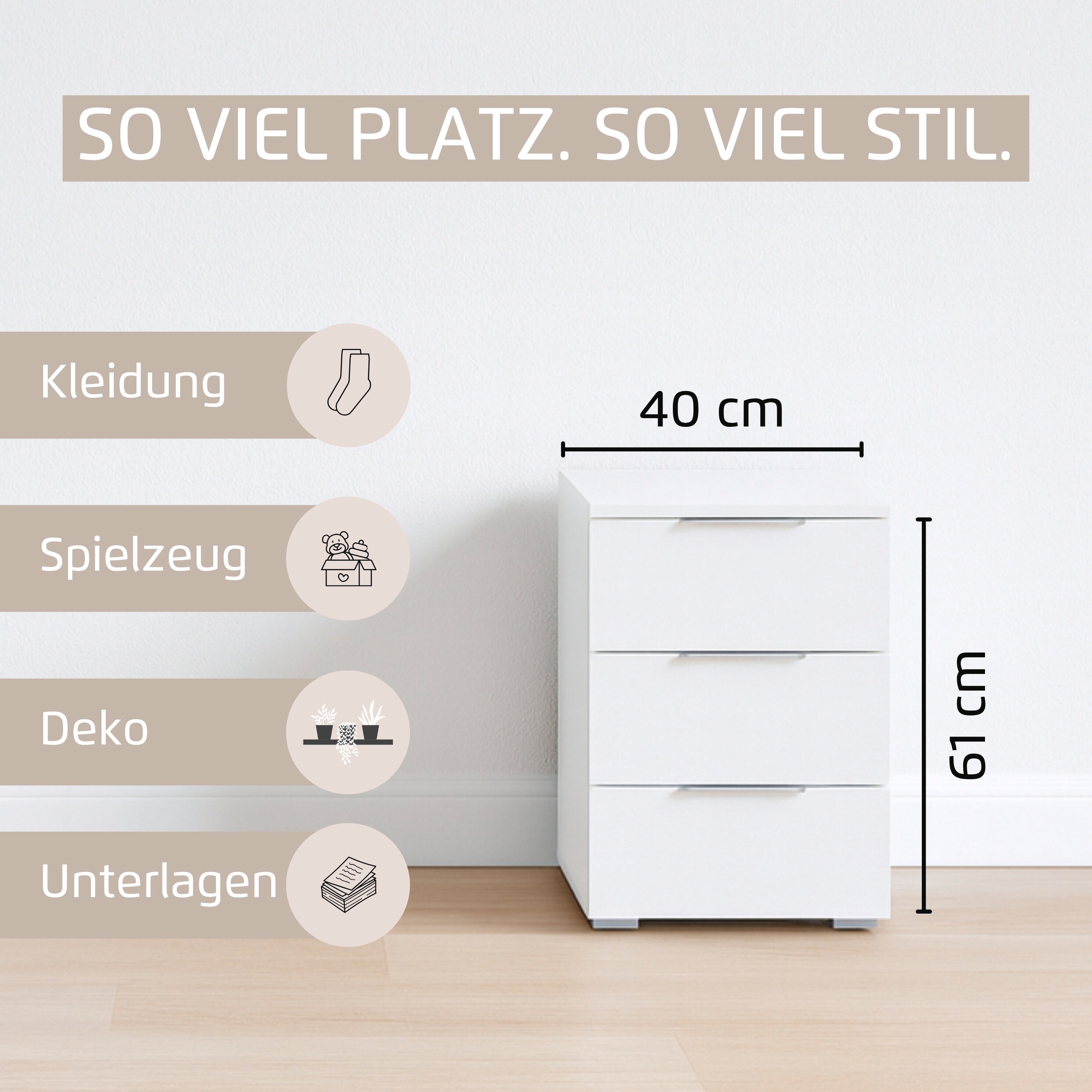 Thumbnail - rauch Nachtkommode "Nachttisch Nachtkonsole Nachtschrank ASTANA" Breite 40 cm / Höhe 61 cm, mit 3 geräumigen Schubladen,...