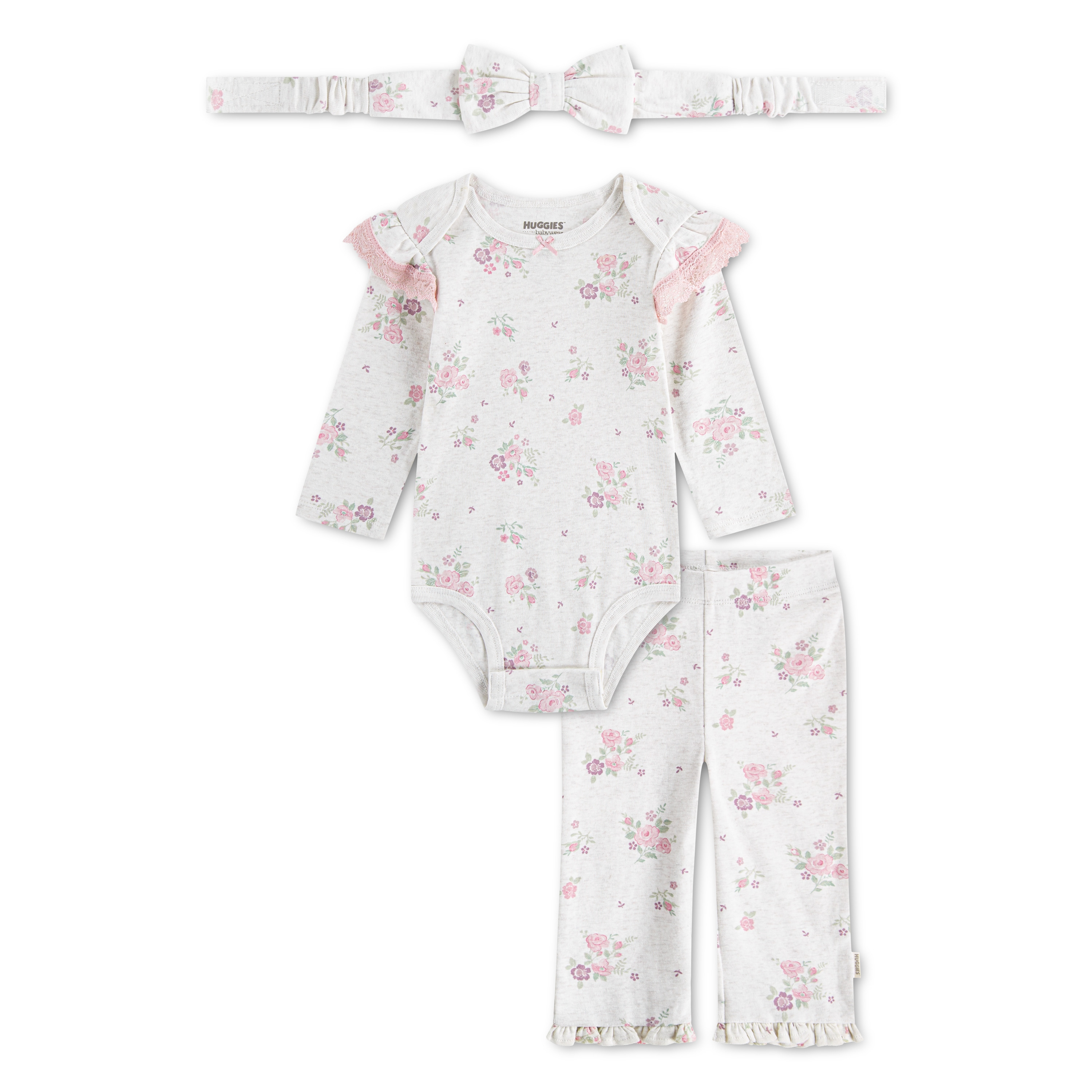 HUGGIES babywear Body & Hose "HUGG PANT SET + ATTACHMENT" Set, 3 mit passendem Haarband, floraler Alloverprint - for Girls