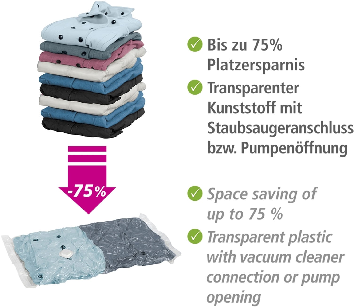 WENKO Vakuumierbeutel »Reise-Set«, (Set, 6 tlg.), Vakuumbeutel für Kleidung zur platzsparenden Aufbewahrung, mit Pumpe