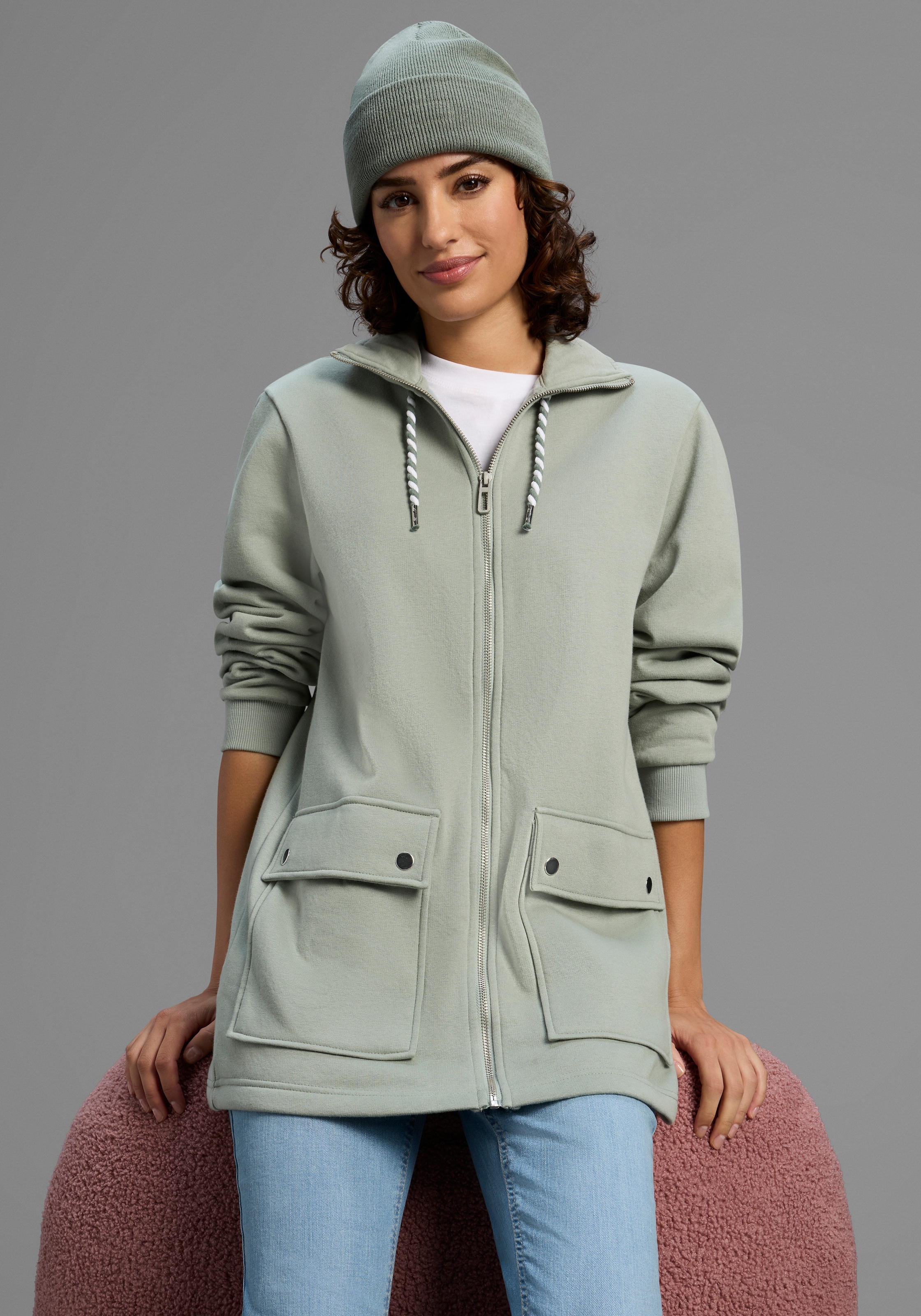 Laura Scott Sweatjacke, Weiche Baumwollmischung mit Stehkragen und Außentas günstig online kaufen