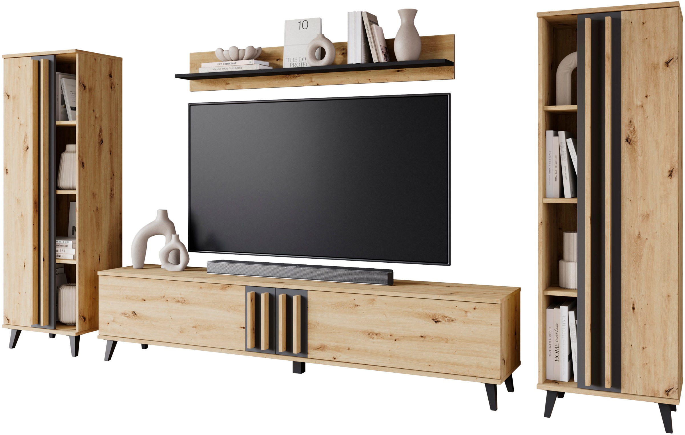 INOSIGN Wohnwand »Helsinki, Modernes Möbelset«, (Komplett-Set, 4 St.), mit lamellengriffen, verstellbaren Einlegeböden und Kunststofffüßen
