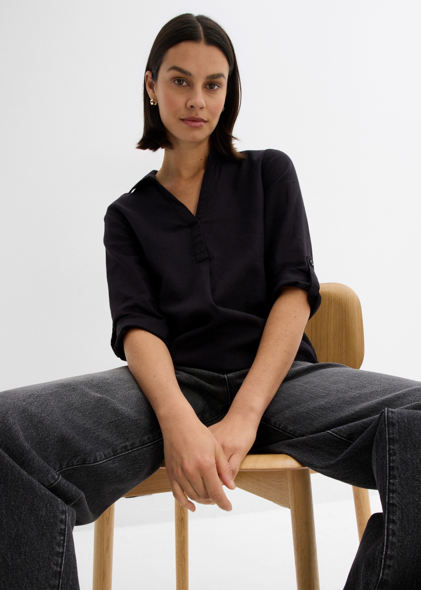 bonprix Langarmbluse »3/4-Arm Bluse mit Leinen« figurumspielende Passform, für vielseitige Alltagslooks