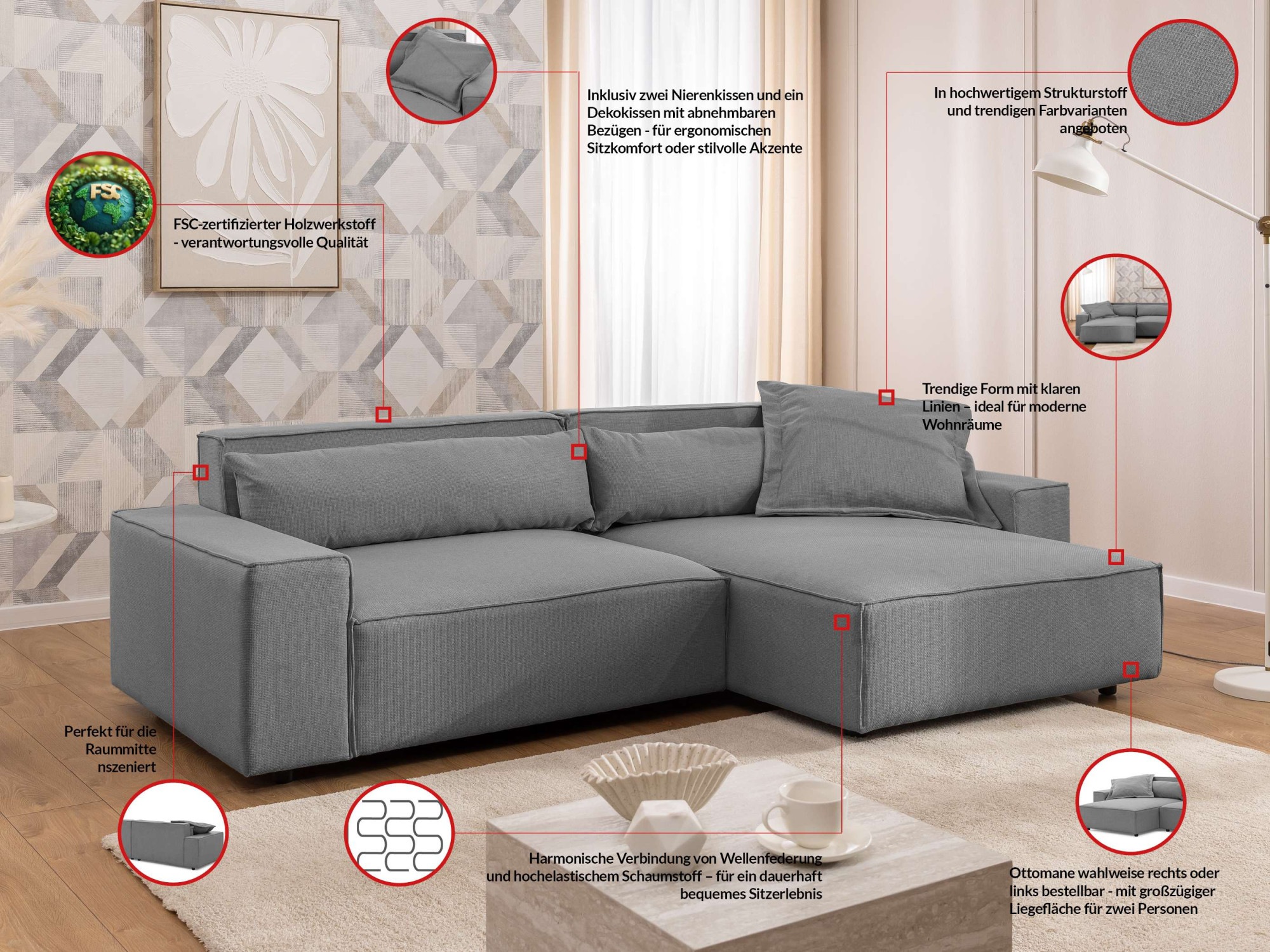 Thumbnail - OTTO home Ecksofa "KINLEE Design-Sofa mit Recamiere rechts/links, Maße B/T/H 251/144/70cm" L-Form mit Wellenunterfederun...